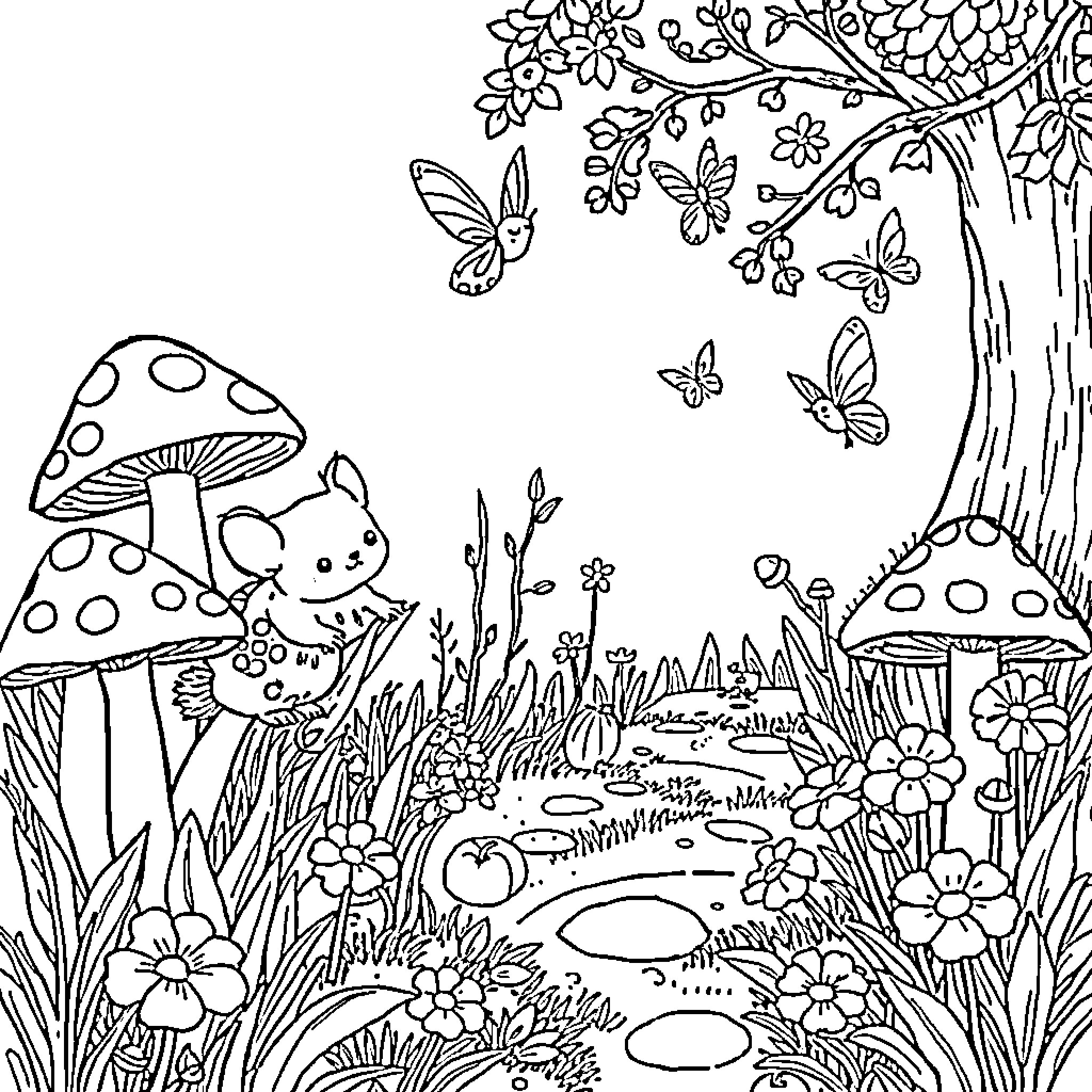 Fairy scene with mushrooms, flowers, and butterflies Coloring Page (free black-and-white line drawing printable PDF for all, from beginners to advanced learners, including children, teens, adults, and seniors)