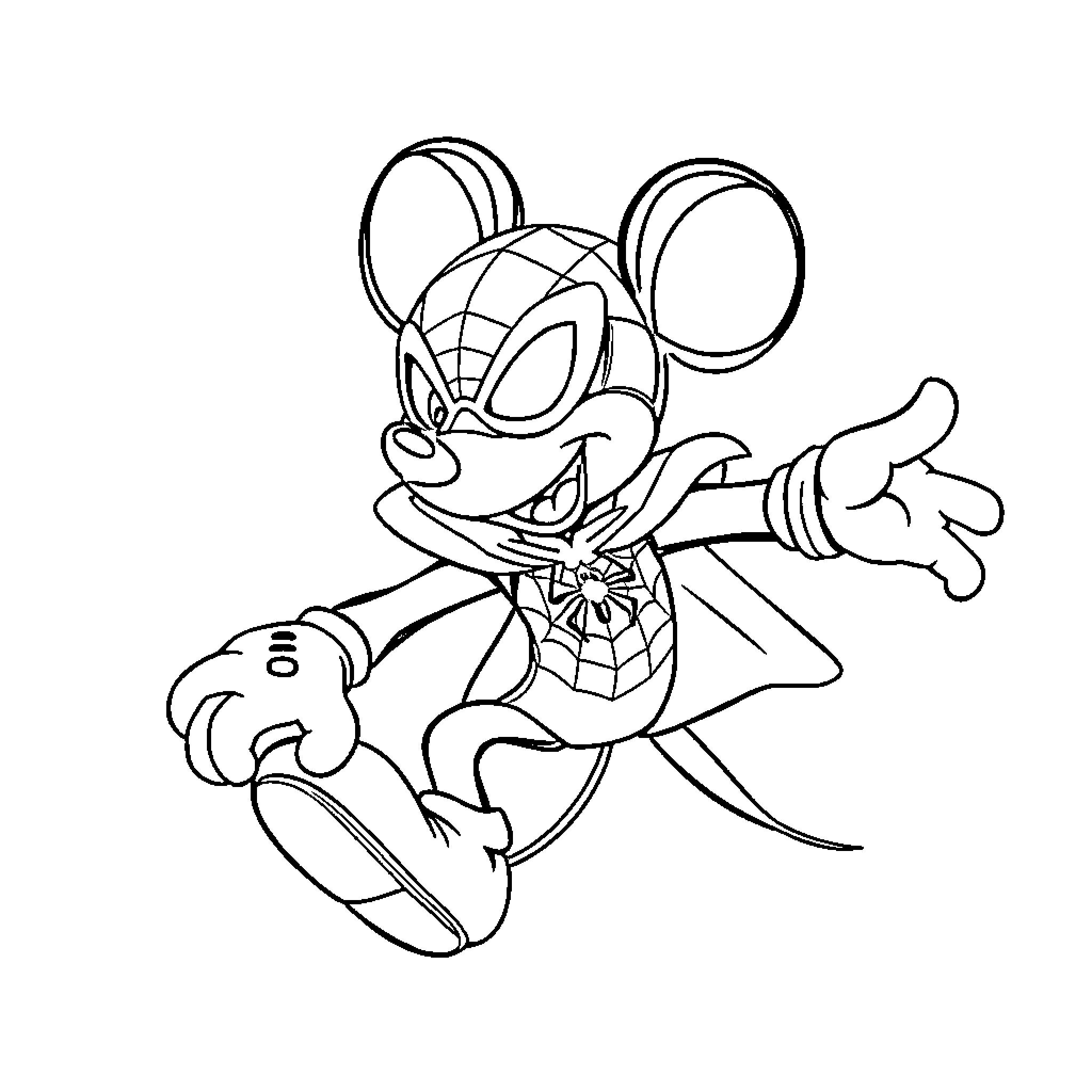 Mickey Mouse as Spiderman in action pose Coloring Page (free black-and-white line drawing printable PDF for all, from beginners to advanced learners, including children, teens, adults, and seniors)