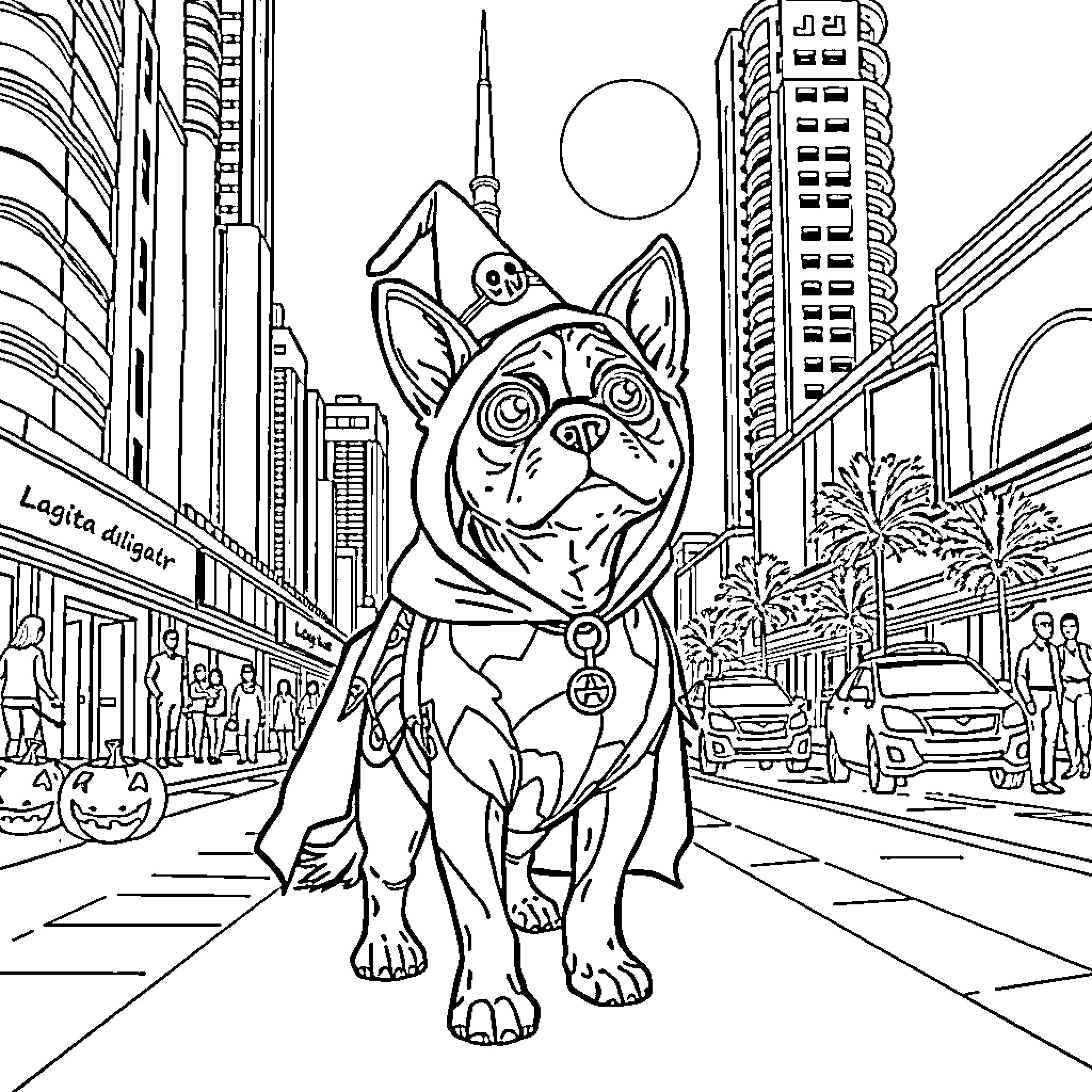 Dog dressed up for Halloween in city scene Coloring Page (free black-and-white line drawing printable PDF for all, from beginners to advanced learners, including children, teens, adults, and seniors)