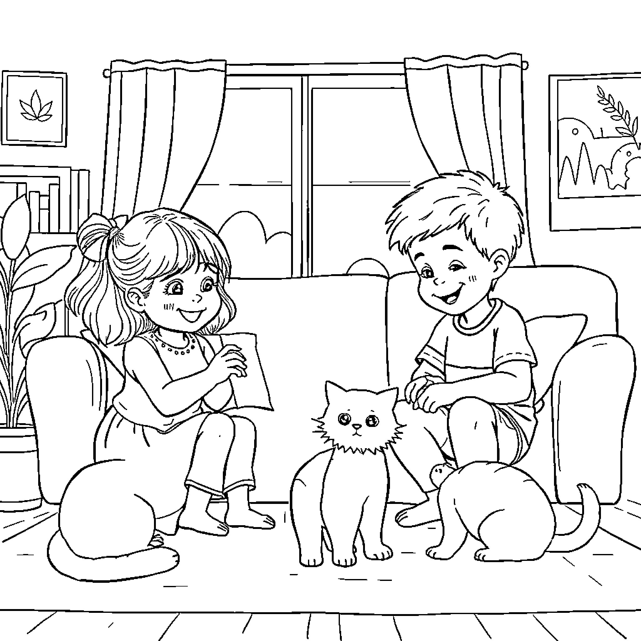 Girl and Boy Enjoying Time with Pet Cat at Home Coloring Page (free black-and-white line drawing printable PDF for all, from beginners to advanced learners, including children, teens, adults, and seniors)
