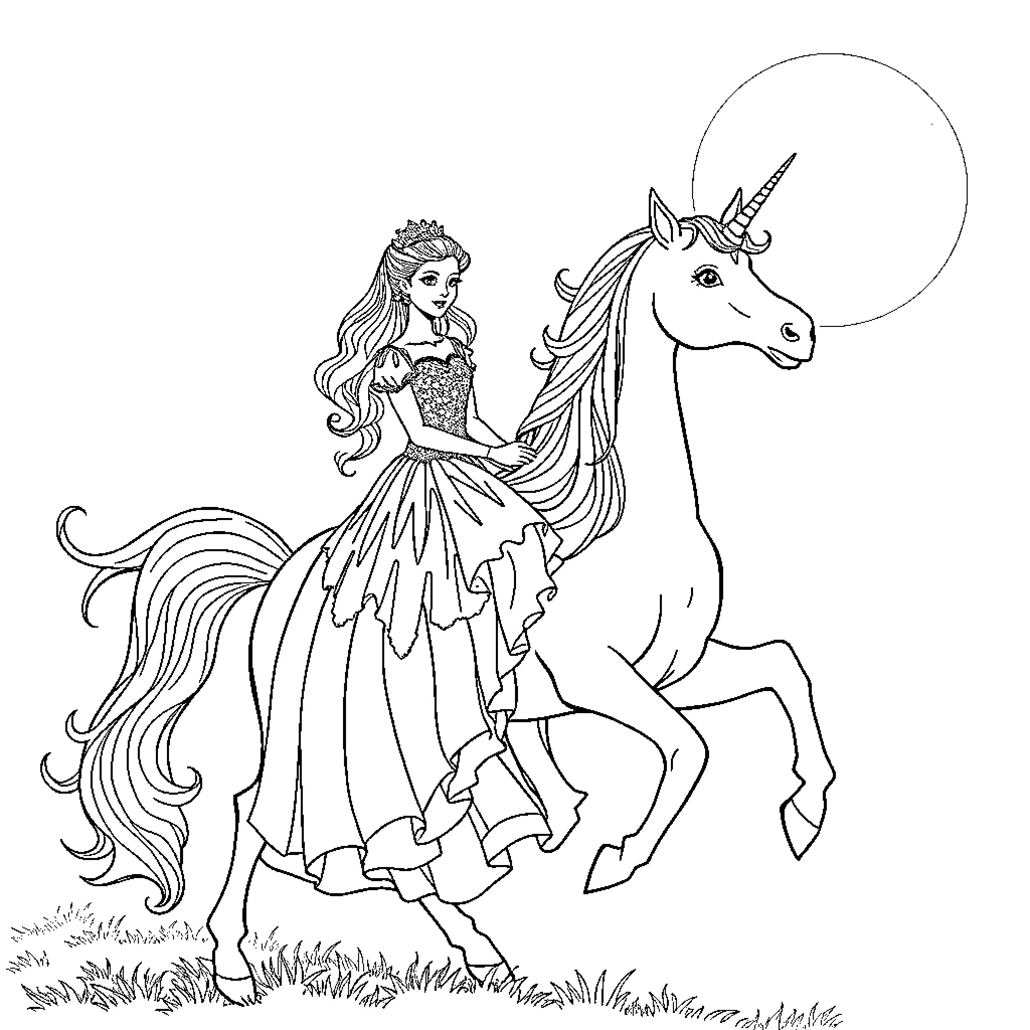 Princess Riding a Majestic Unicorn in the Field Coloring Page (free black-and-white line drawing printable PDF for all, from beginners to advanced learners, including children, teens, adults, and seniors)