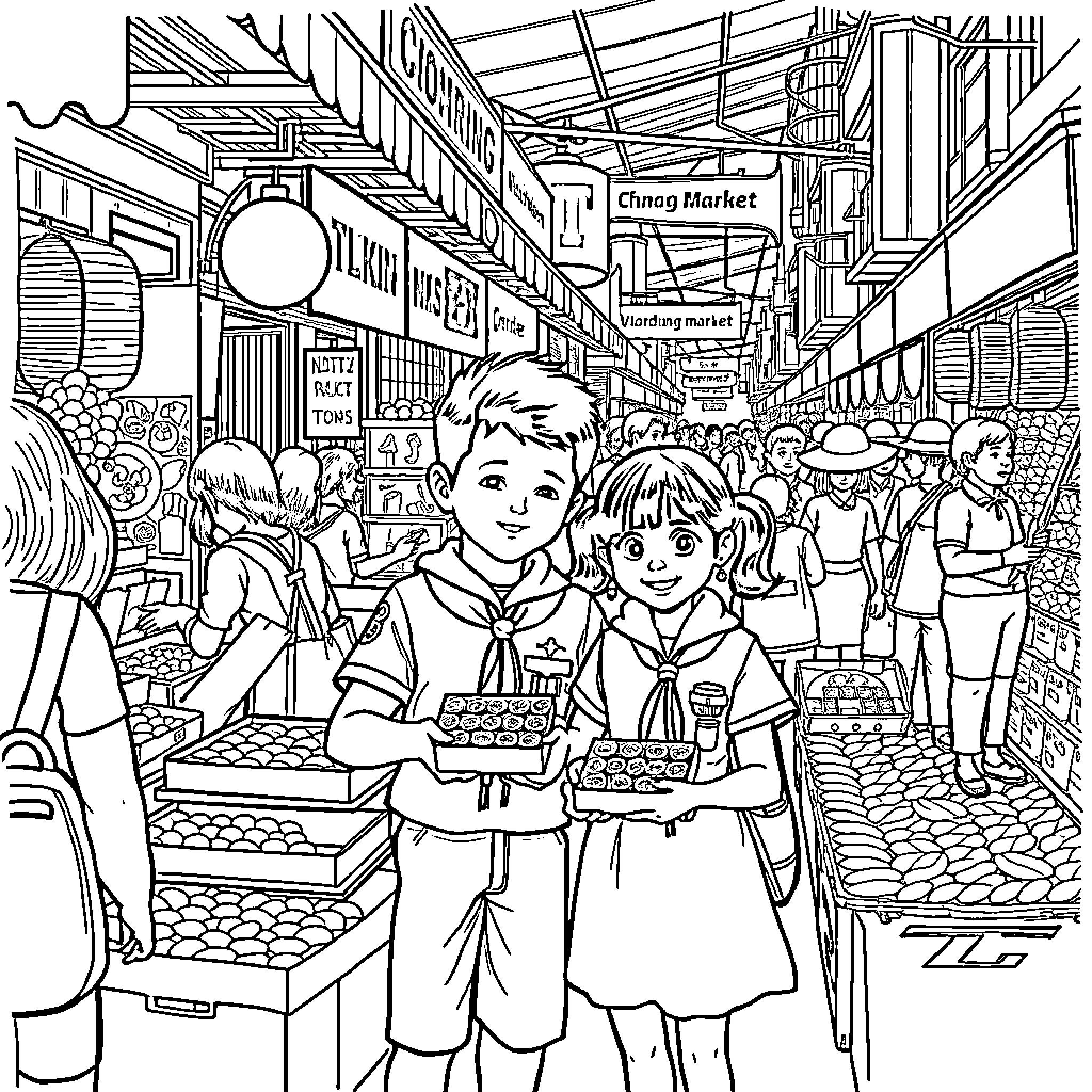 Scout kids exploring bustling market scene Coloring Page (free black-and-white line drawing printable PDF for all, from beginners to advanced learners, including children, teens, adults, and seniors)
