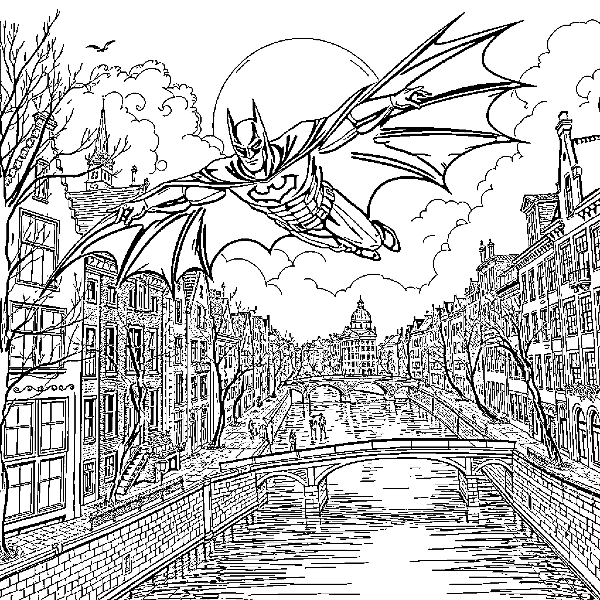 Batman soaring over a European city at night Coloring Page (free black-and-white line drawing printable PDF for all, from beginners to advanced learners, including children, teens, adults, and seniors)