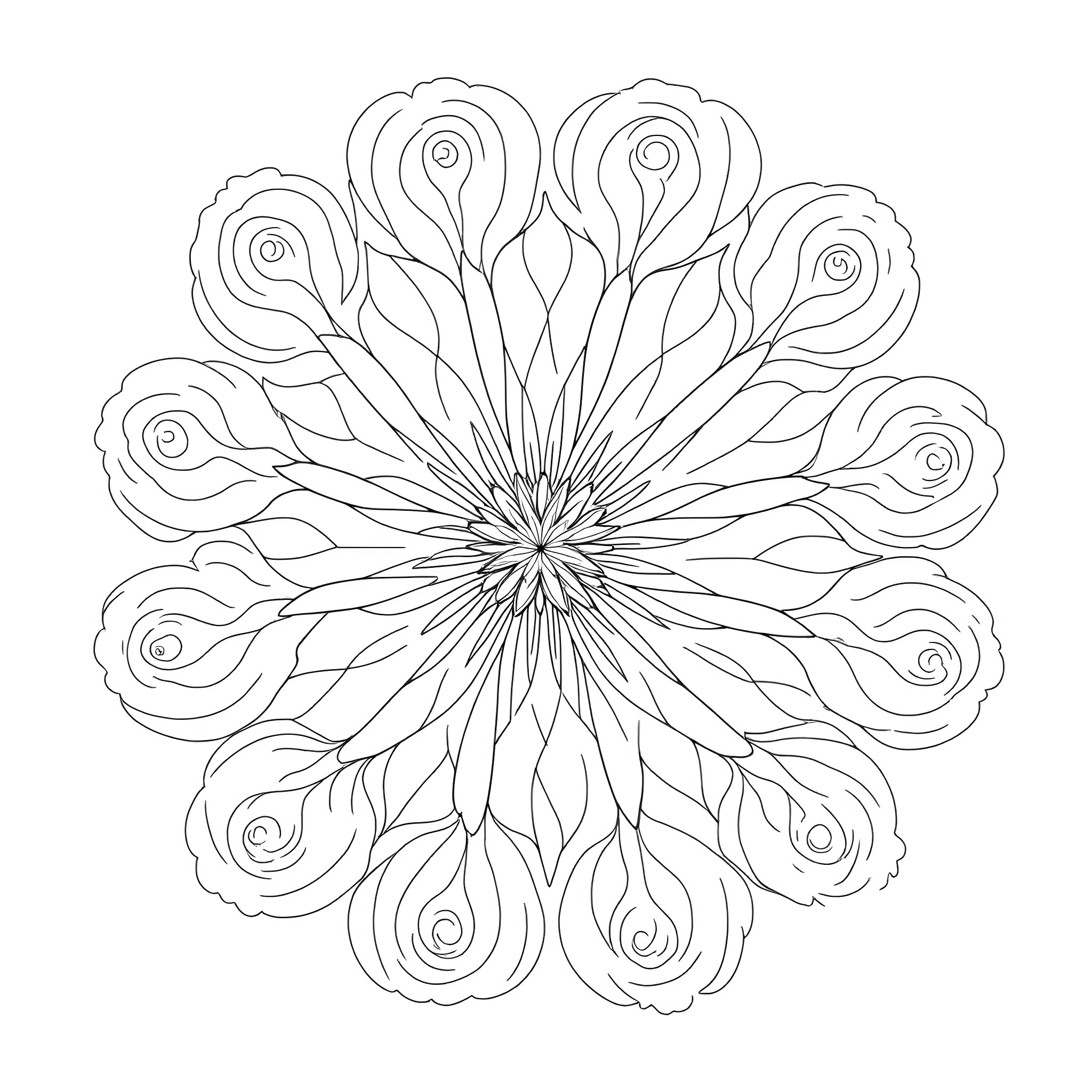 Rose-shaped floral mandala design Coloring Page (free black-and-white line drawing printable PDF for all, from beginners to advanced learners, including children, teens, adults, and seniors)