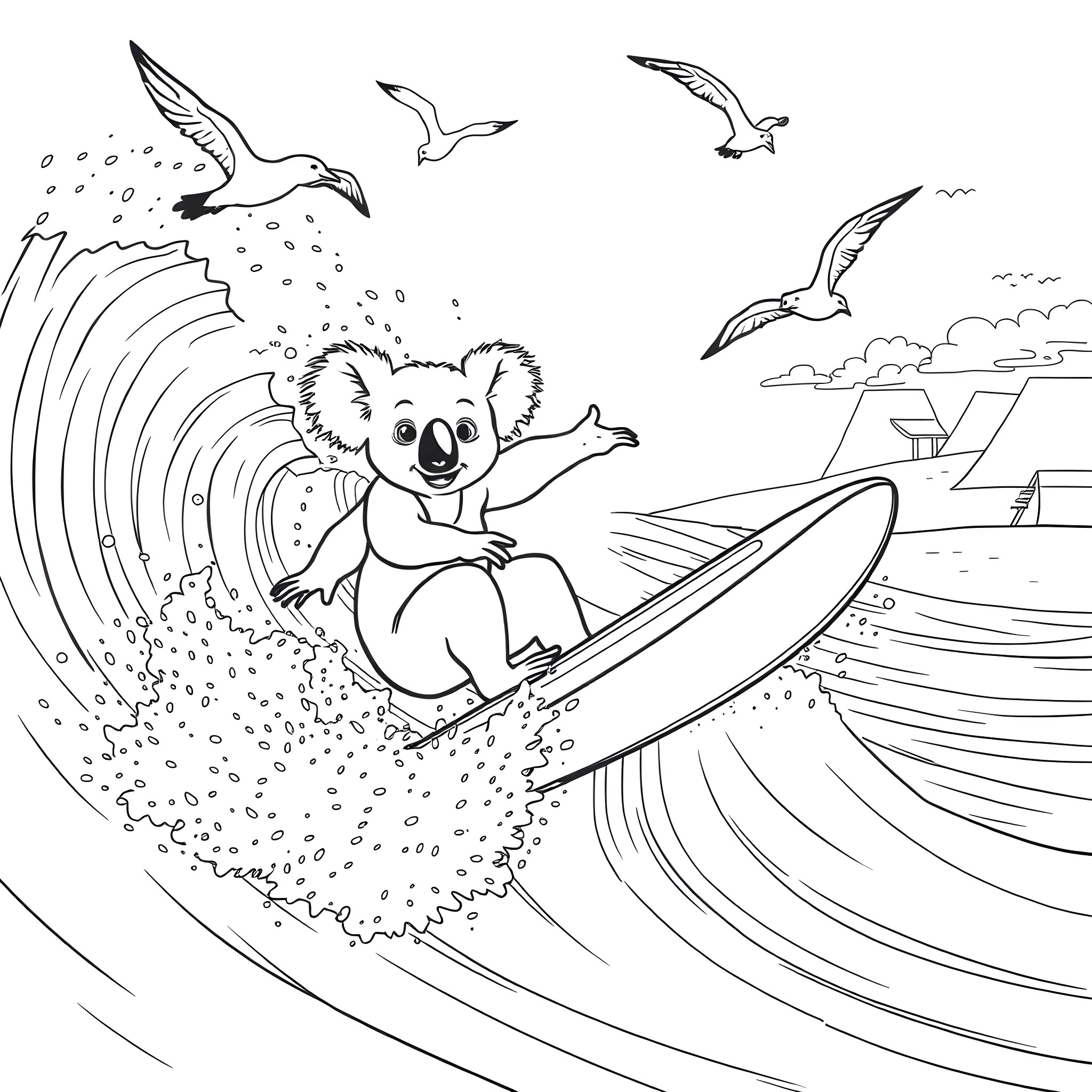 Koala surfing on ocean waves with seagulls Coloring Page (free black-and-white line drawing printable PDF for all, from beginners to advanced learners, including children, teens, adults, and seniors)