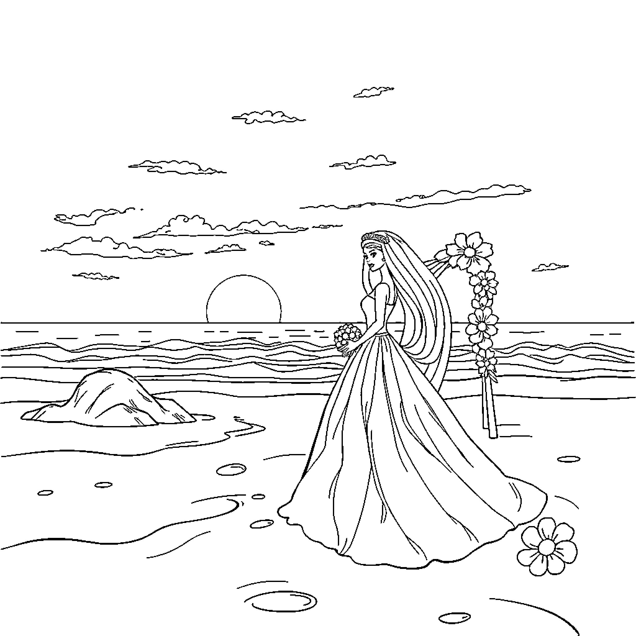 Barbie's Sunset Stroll on the Beach Coloring Page (free black-and-white line drawing printable PDF for all, from beginners to advanced learners, including children, teens, adults, and seniors)