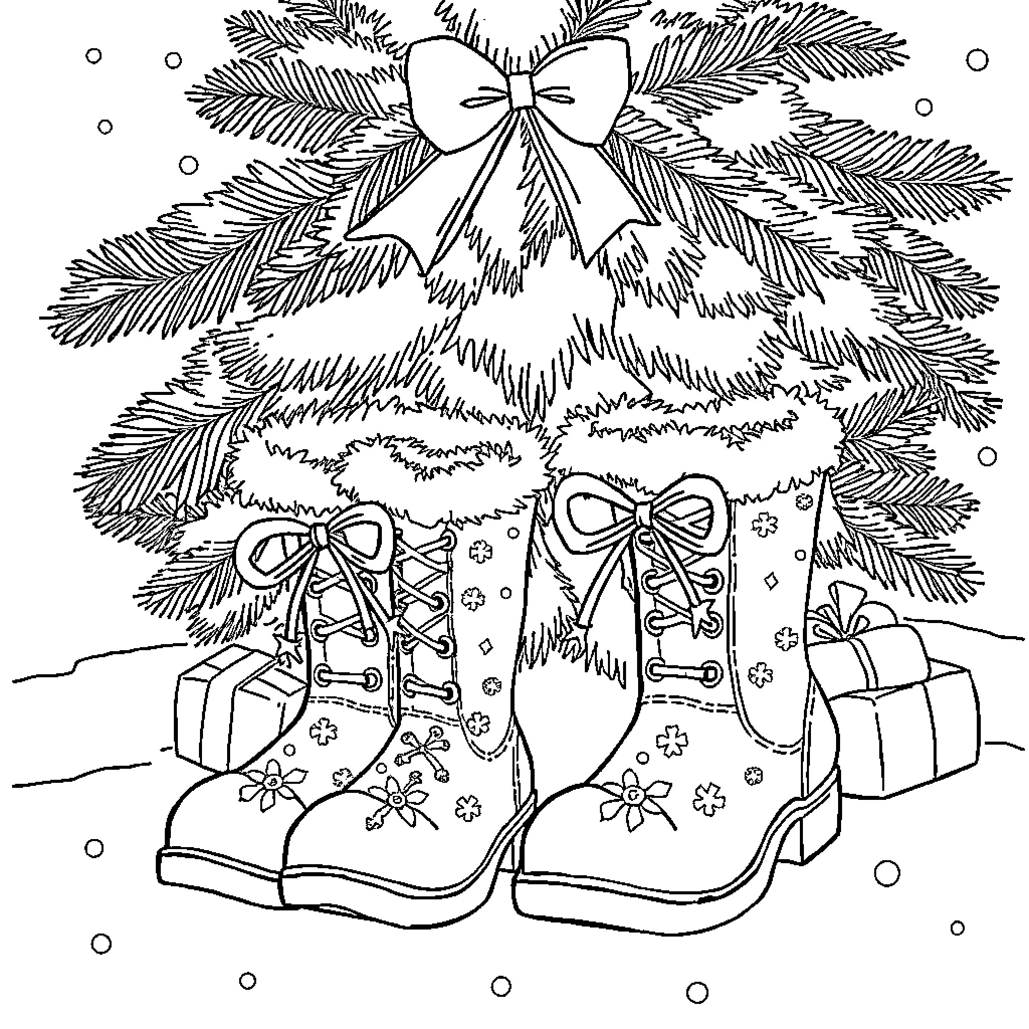 Santa's Boots with Christmas Decorations Coloring Page (free black-and-white line drawing printable PDF for all, from beginners to advanced learners, including children, teens, adults, and seniors)