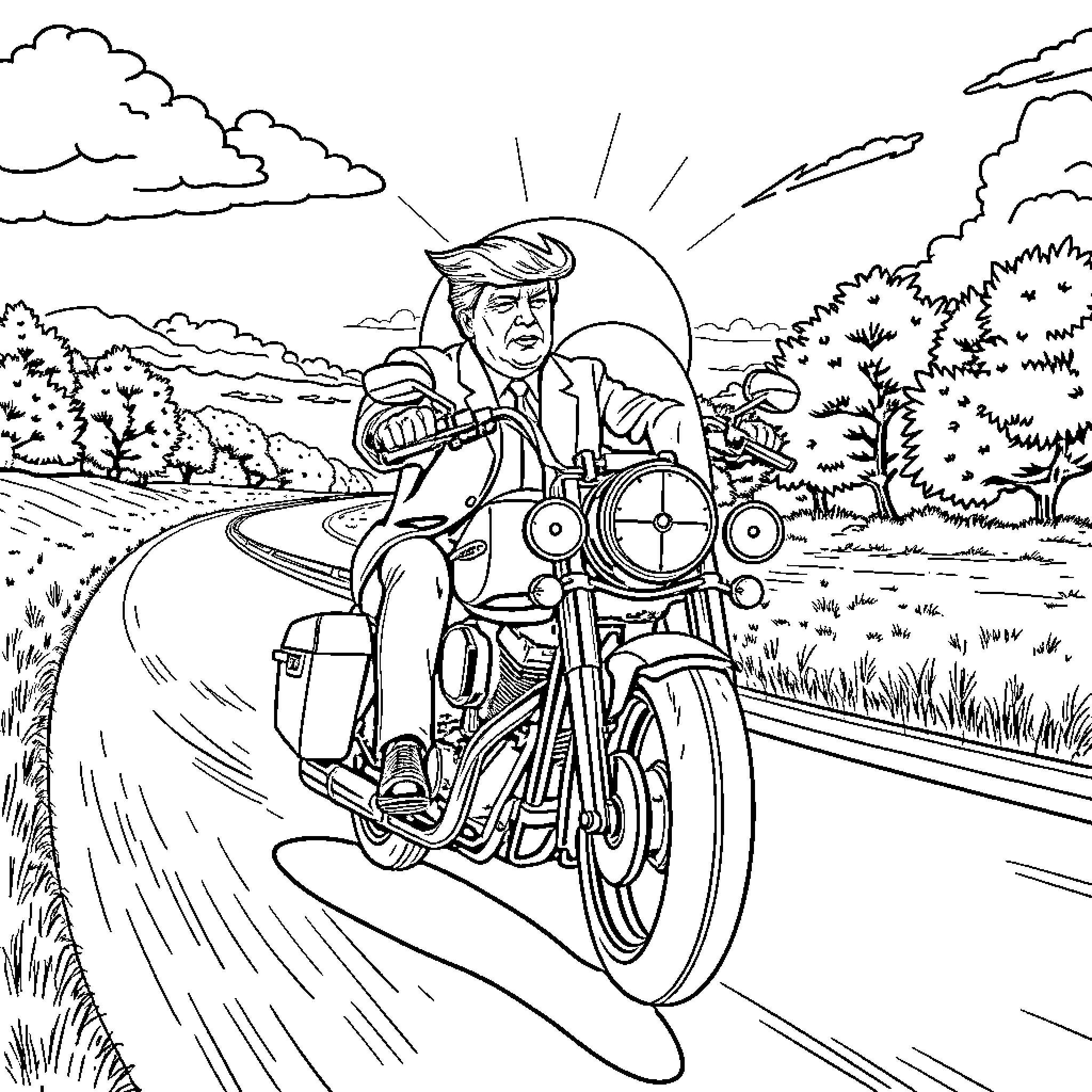 Trump Riding a Motorcycle Through a Scenic Landscape Coloring Page (free black-and-white line drawing printable PDF for all, from beginners to advanced learners, including children, teens, adults, and seniors)