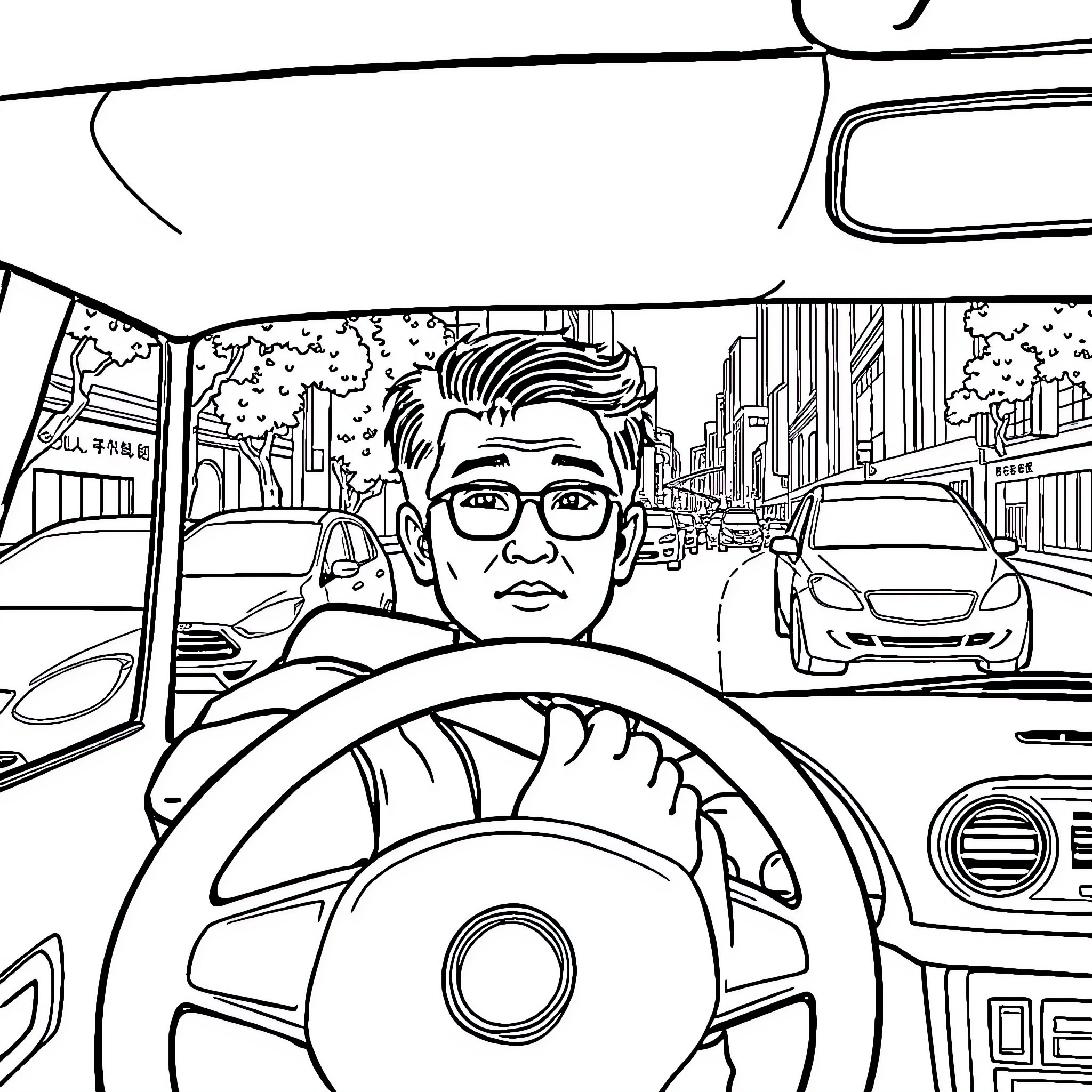 Man driving car on busy city street Coloring Page (free black-and-white line drawing printable PDF for all, from beginners to advanced learners, including children, teens, adults, and seniors)