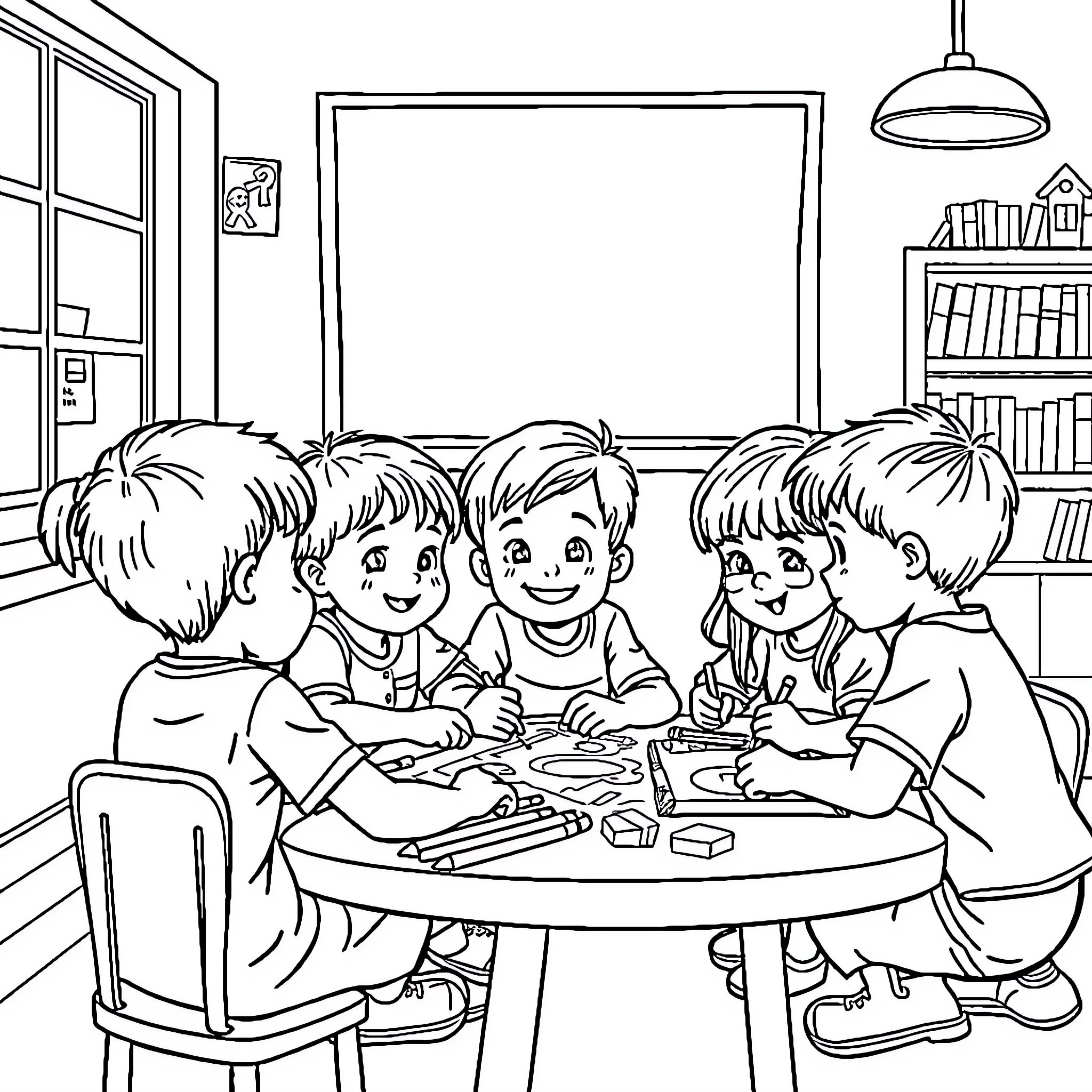 Kid friends enjoy art activities in classroom Coloring Page (free black-and-white line drawing printable PDF for all, from beginners to advanced learners, including children, teens, adults, and seniors)