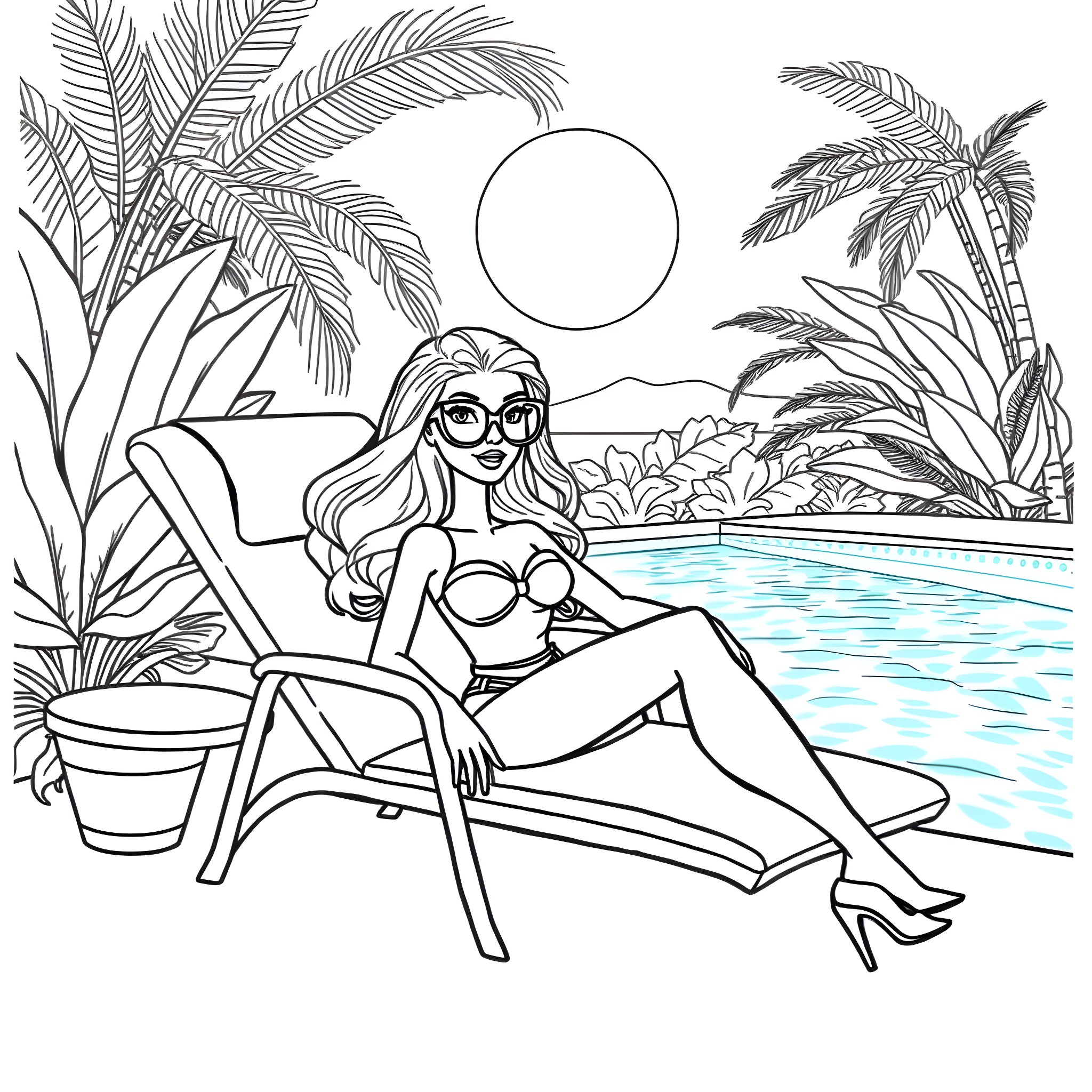 Barbie relaxing by the pool in a tropical paradise Coloring Page (free black-and-white line drawing printable PDF for all, from beginners to advanced learners, including children, teens, adults, and seniors)