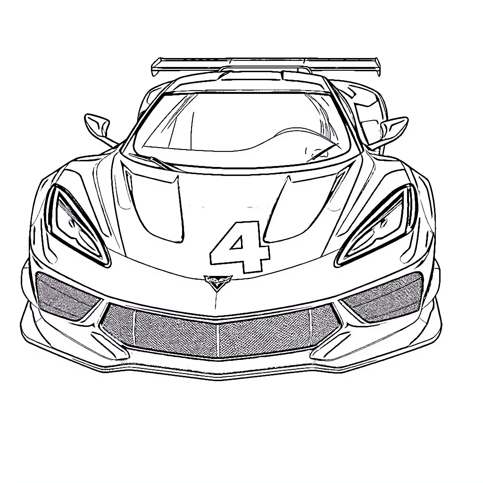 Corvette race car in action Coloring Page (free black-and-white line drawing printable PDF for all, from beginners to advanced learners, including children, teens, adults, and seniors)