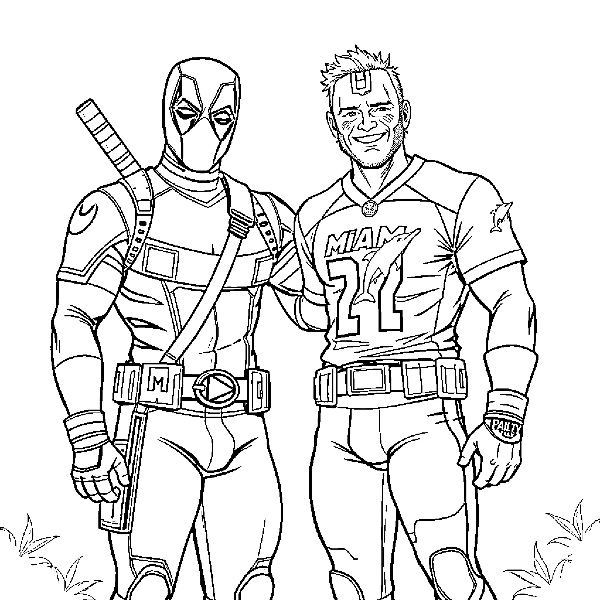 Deadpool and his superhero friend in action poses Coloring Page (free black-and-white line drawing printable PDF for all, from beginners to advanced learners, including children, teens, adults, and seniors)