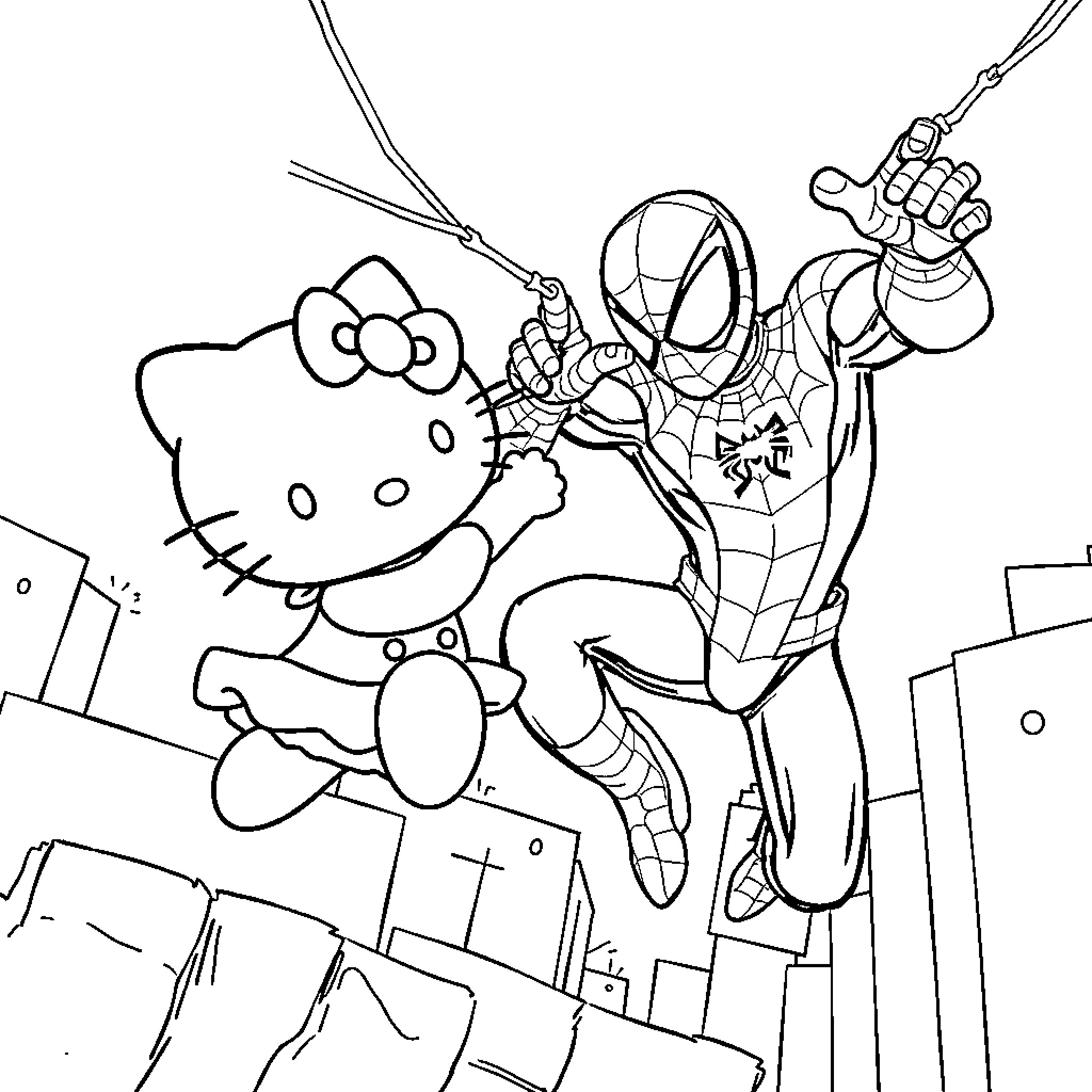 Hello Kitty meets Spiderman in the city Coloring Page (free black-and-white line drawing printable PDF for all, from beginners to advanced learners, including children, teens, adults, and seniors)