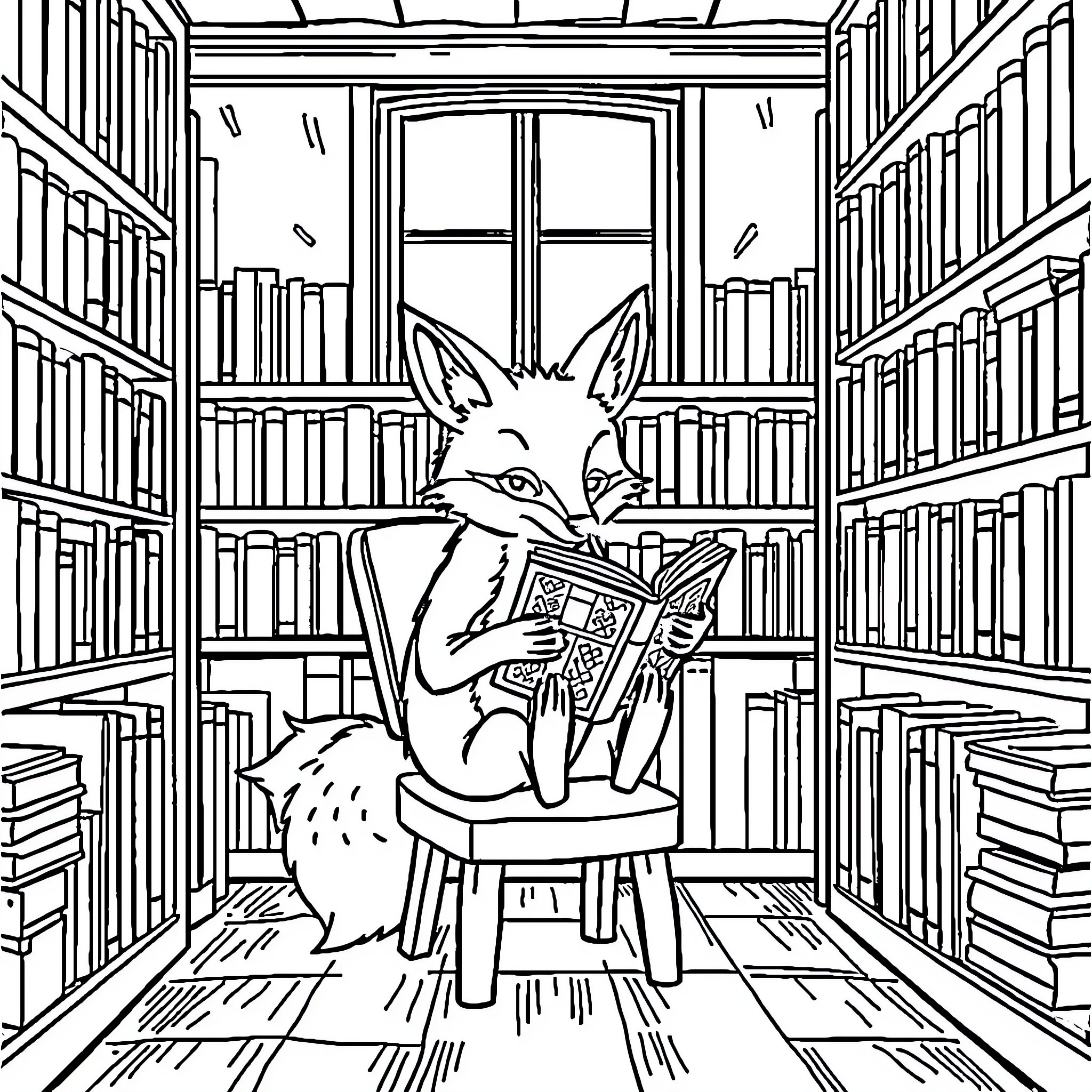 Fox reading books in a library Coloring Page (free black-and-white line drawing printable PDF for all, from beginners to advanced learners, including children, teens, adults, and seniors)