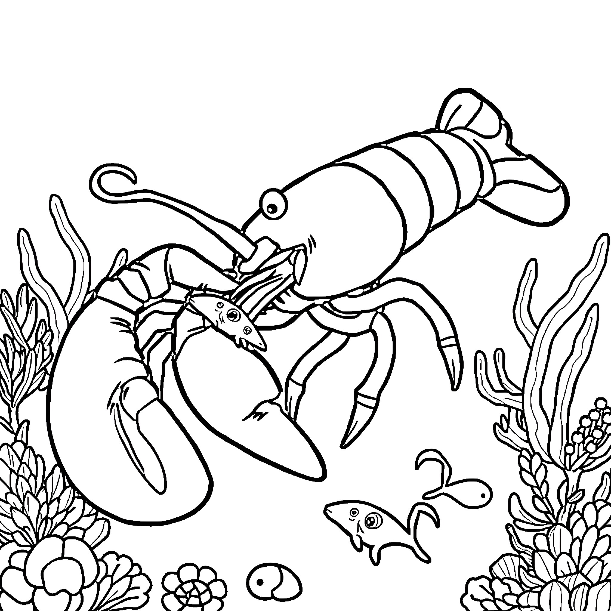 Lobster exploring underwater coral garden Coloring Page (free black-and-white line drawing printable PDF for all, from beginners to advanced learners, including children, teens, adults, and seniors)
