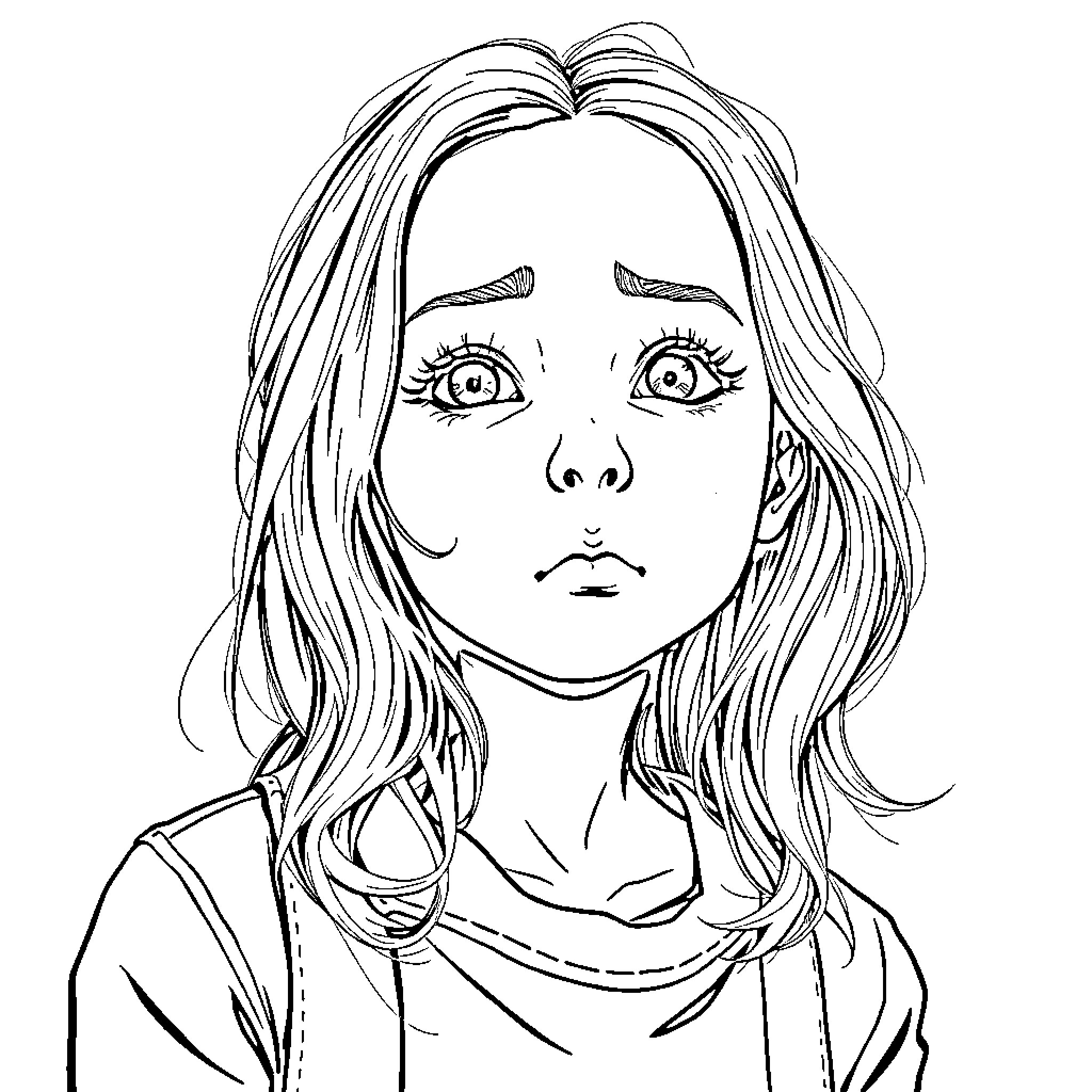 Fille with a sad and worried facial expression Coloring Page (free black-and-white line drawing printable PDF for all, from beginners to advanced learners, including children, teens, adults, and seniors)