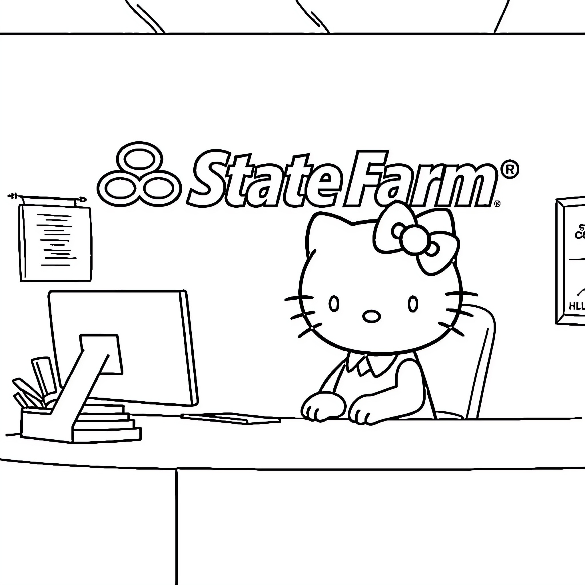 Hello Kitty working at the State Farm office Coloring Page (free black-and-white line drawing printable PDF for all, from beginners to advanced learners, including children, teens, adults, and seniors)