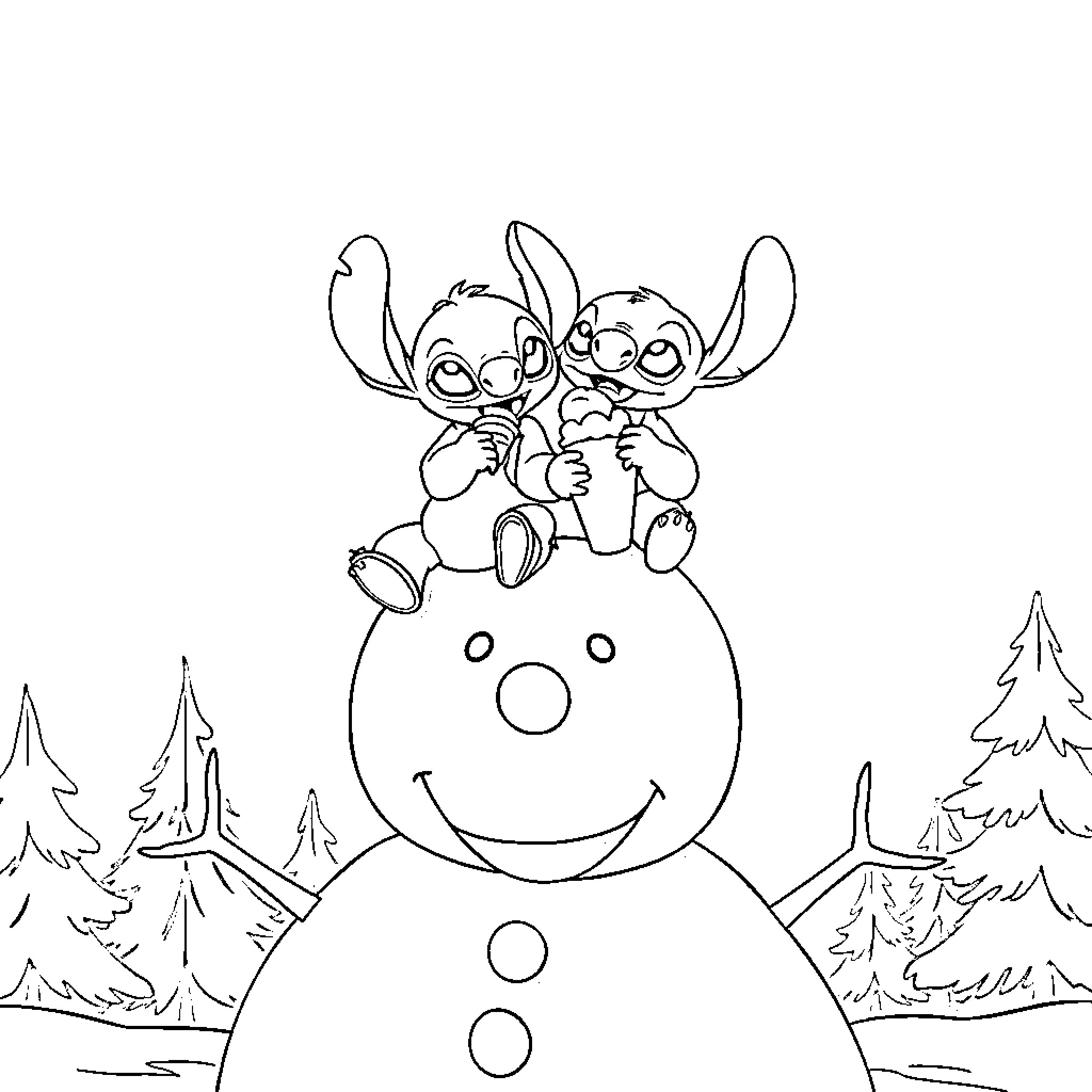 Lilo and Stitch playing on a snowman Coloring Page (free black-and-white line drawing printable PDF for all, from beginners to advanced learners, including children, teens, adults, and seniors)