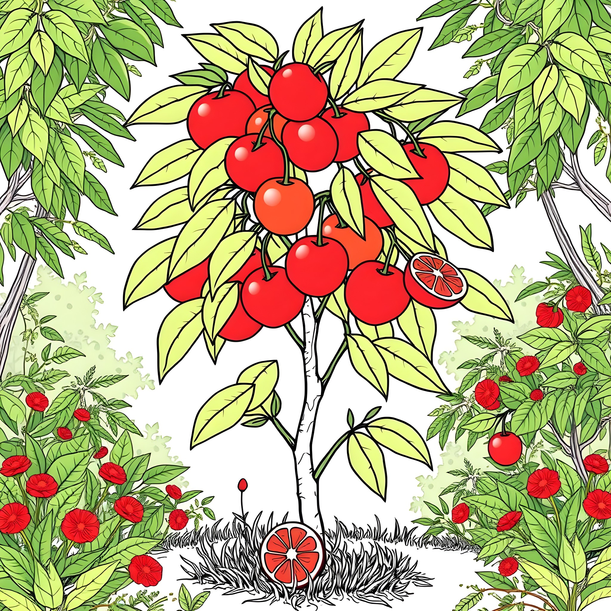 Cherry Orange Harvest in the Vibrant Garden Coloring Page (free black-and-white line drawing printable PDF for all, from beginners to advanced learners, including children, teens, adults, and seniors)