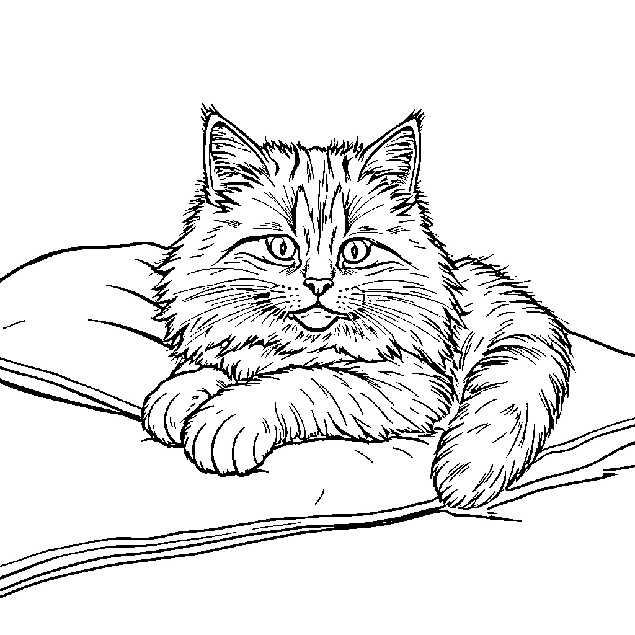 Cat relaxing on a branch Coloring Page (free black-and-white line drawing printable PDF for all, from beginners to advanced learners, including children, teens, adults, and seniors)