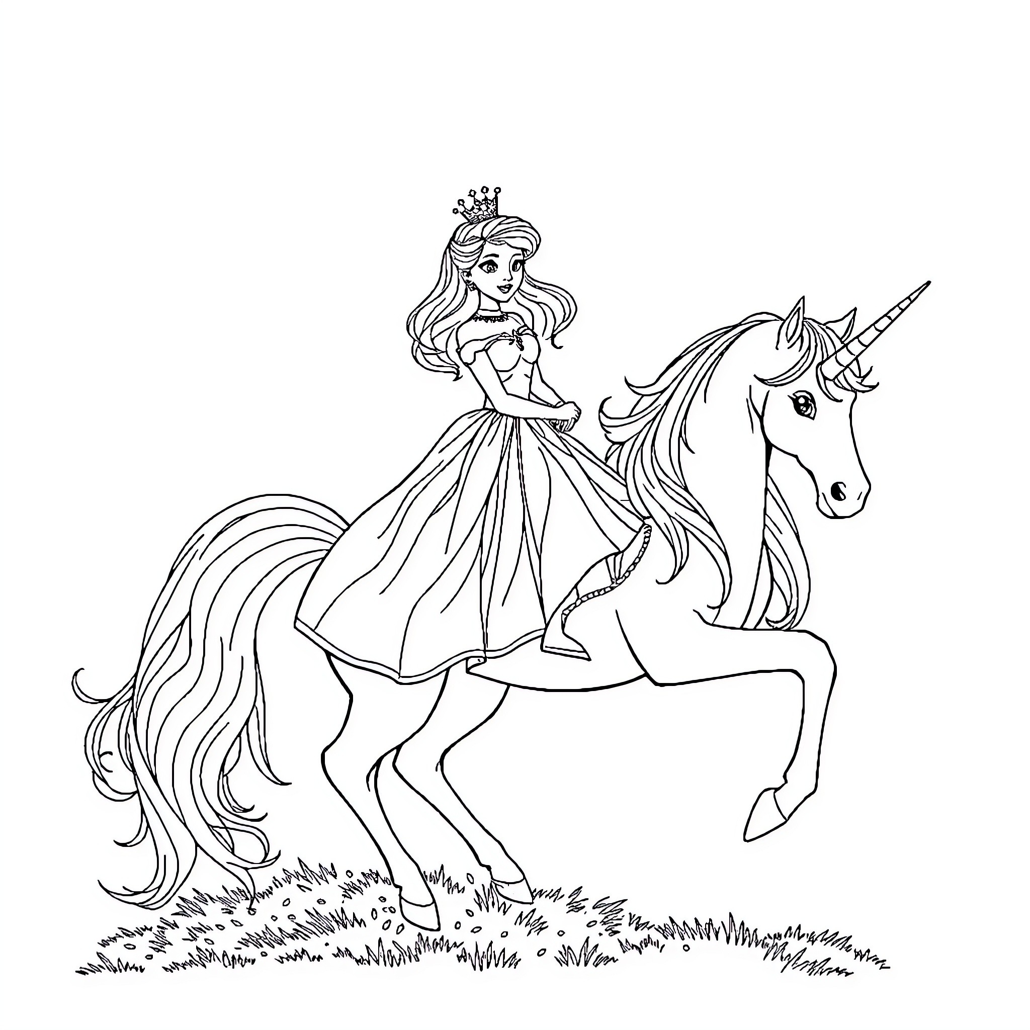 Princess riding a unicorn through a meadow Coloring Page (free black-and-white line drawing printable PDF for all, from beginners to advanced learners, including children, teens, adults, and seniors)