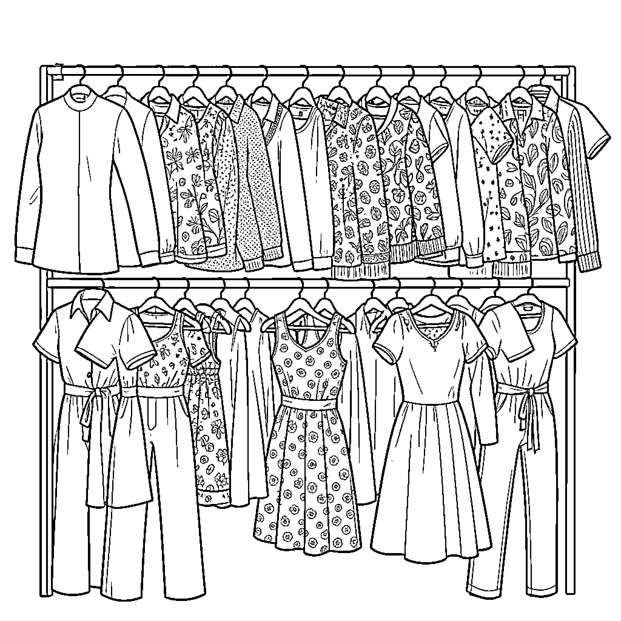 Vêtement exposé sur deux rangées de cintres Coloring Page (free black-and-white line drawing printable PDF for all, from beginners to advanced learners, including children, teens, adults, and seniors)