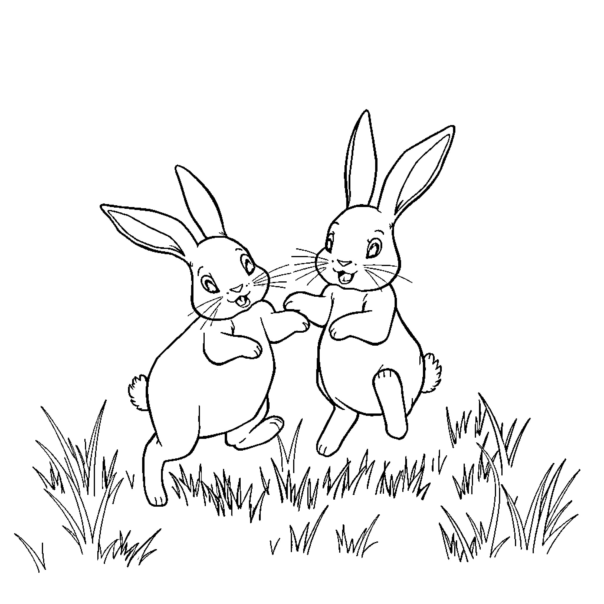 Rabbit friends hopping happily in the grass Coloring Page (free black-and-white line drawing printable PDF for all, from beginners to advanced learners, including children, teens, adults, and seniors)