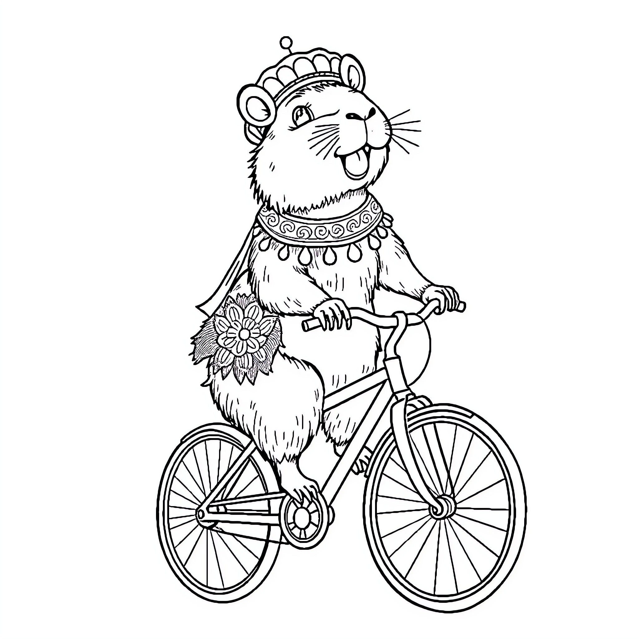 Capibara riding a bicycle with decorative outfit Coloring Page (free black-and-white line drawing printable PDF for all, from beginners to advanced learners, including children, teens, adults, and seniors)