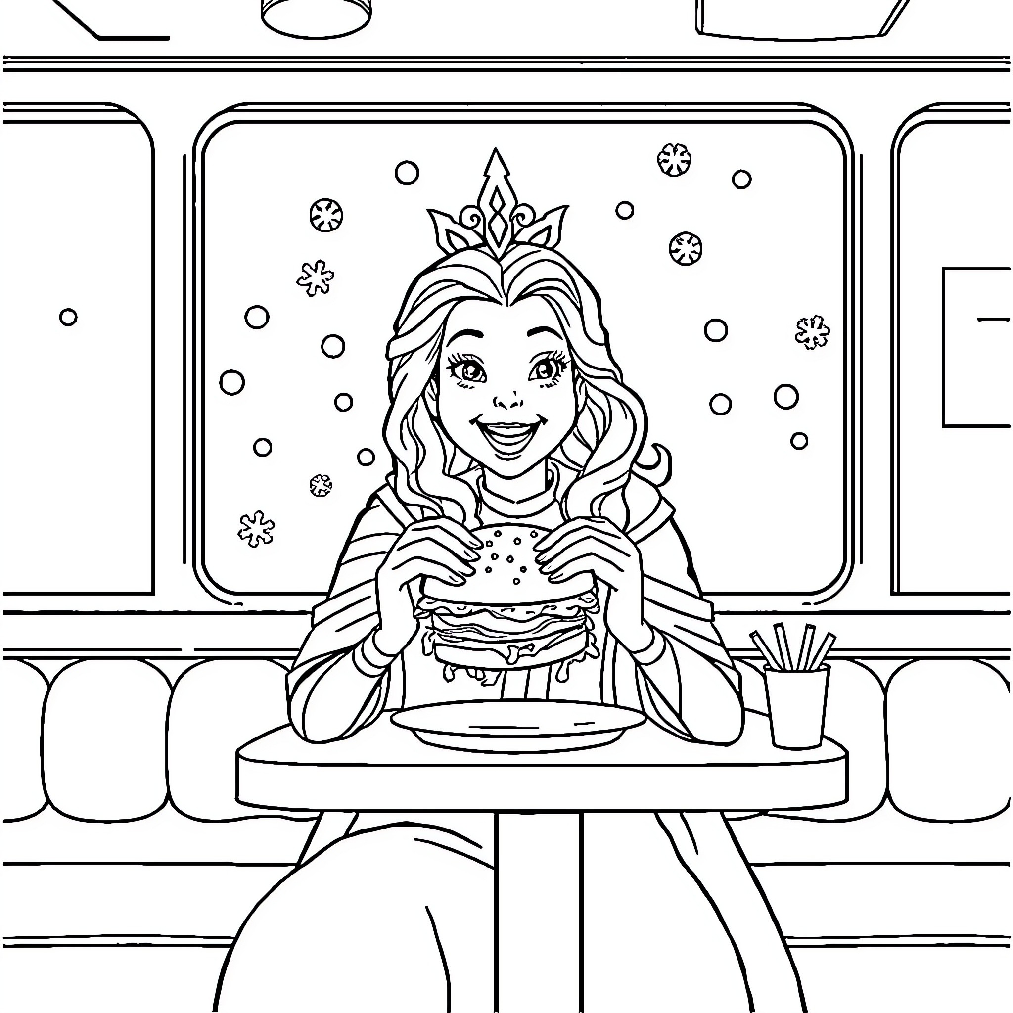 Snow Queen Enjoying a Warm Meal in Cozy Surroundings Coloring Page (free black-and-white line drawing printable PDF for all, from beginners to advanced learners, including children, teens, adults, and seniors)