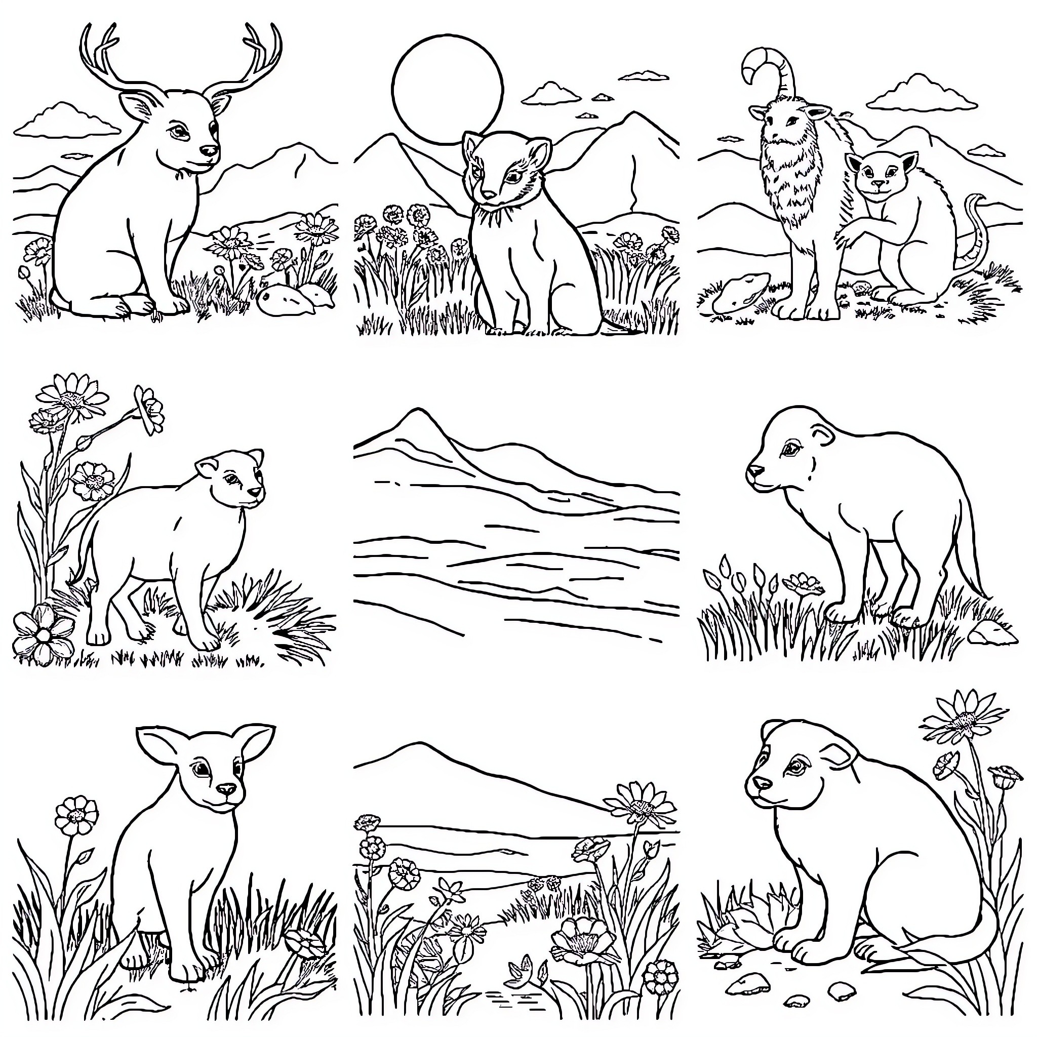 Animal Scenes in the Wild Outdoors Coloring Page (free black-and-white line drawing printable PDF for all, from beginners to advanced learners, including children, teens, adults, and seniors)