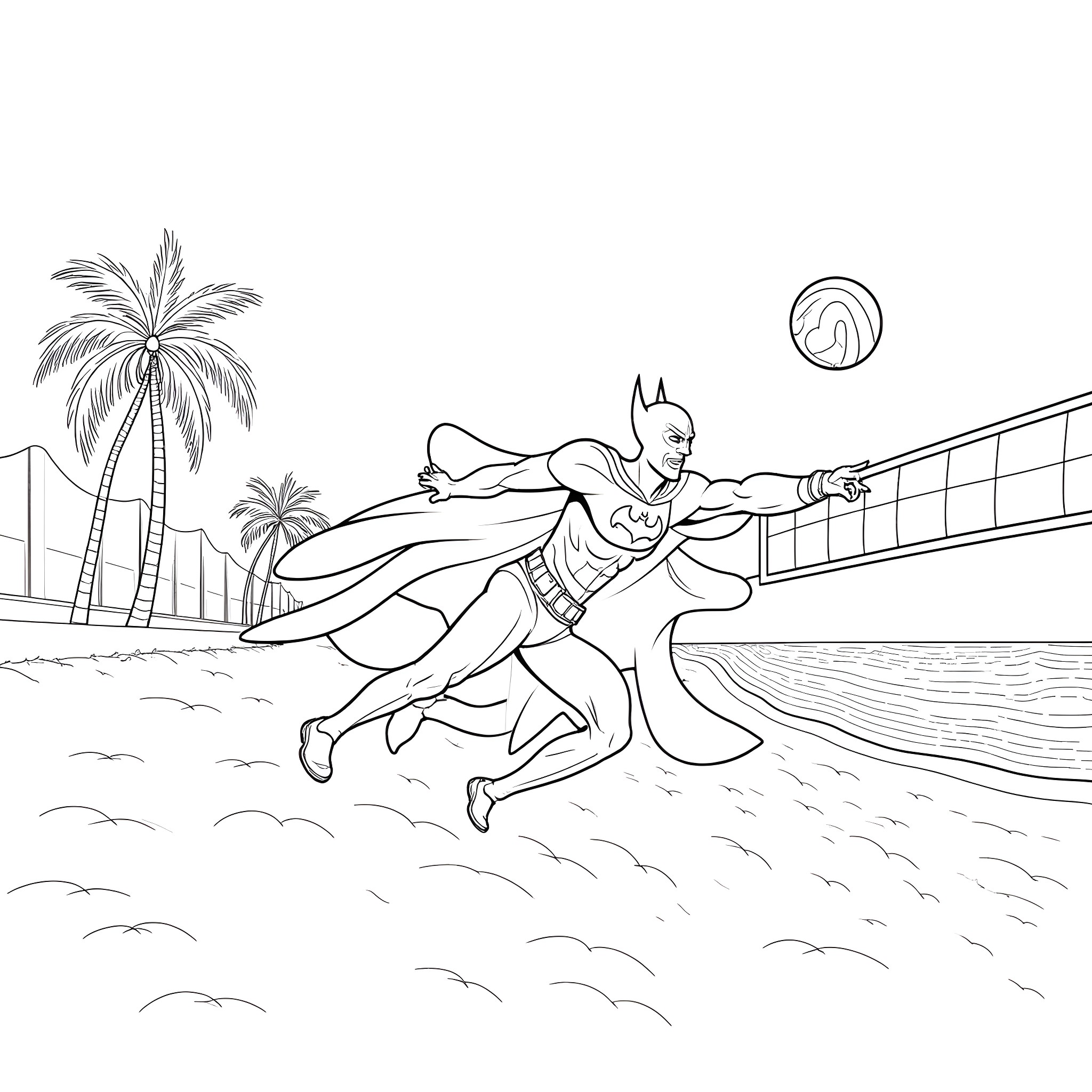 Batman heroically soaring over a tropical beach Coloring Page (free black-and-white line drawing printable PDF for all, from beginners to advanced learners, including children, teens, adults, and seniors)