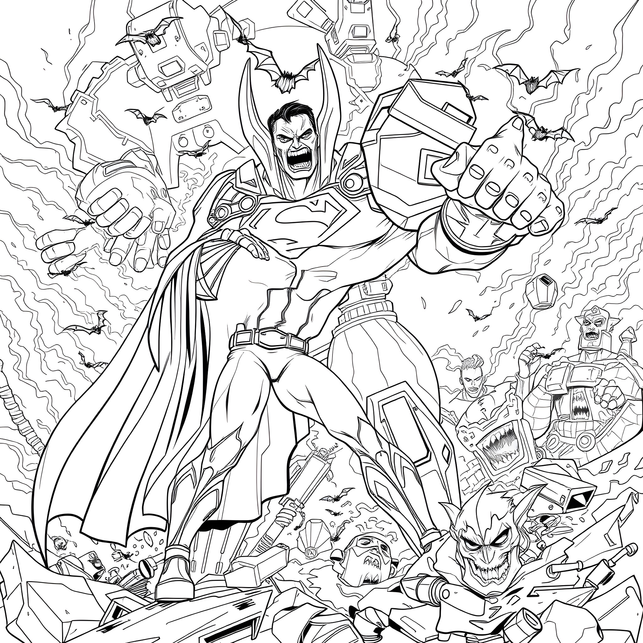 Superman Battling Iconic Supervillains in Dramatic Pose Coloring Page (free black-and-white line drawing printable PDF for all, from beginners to advanced learners, including children, teens, adults, and seniors)