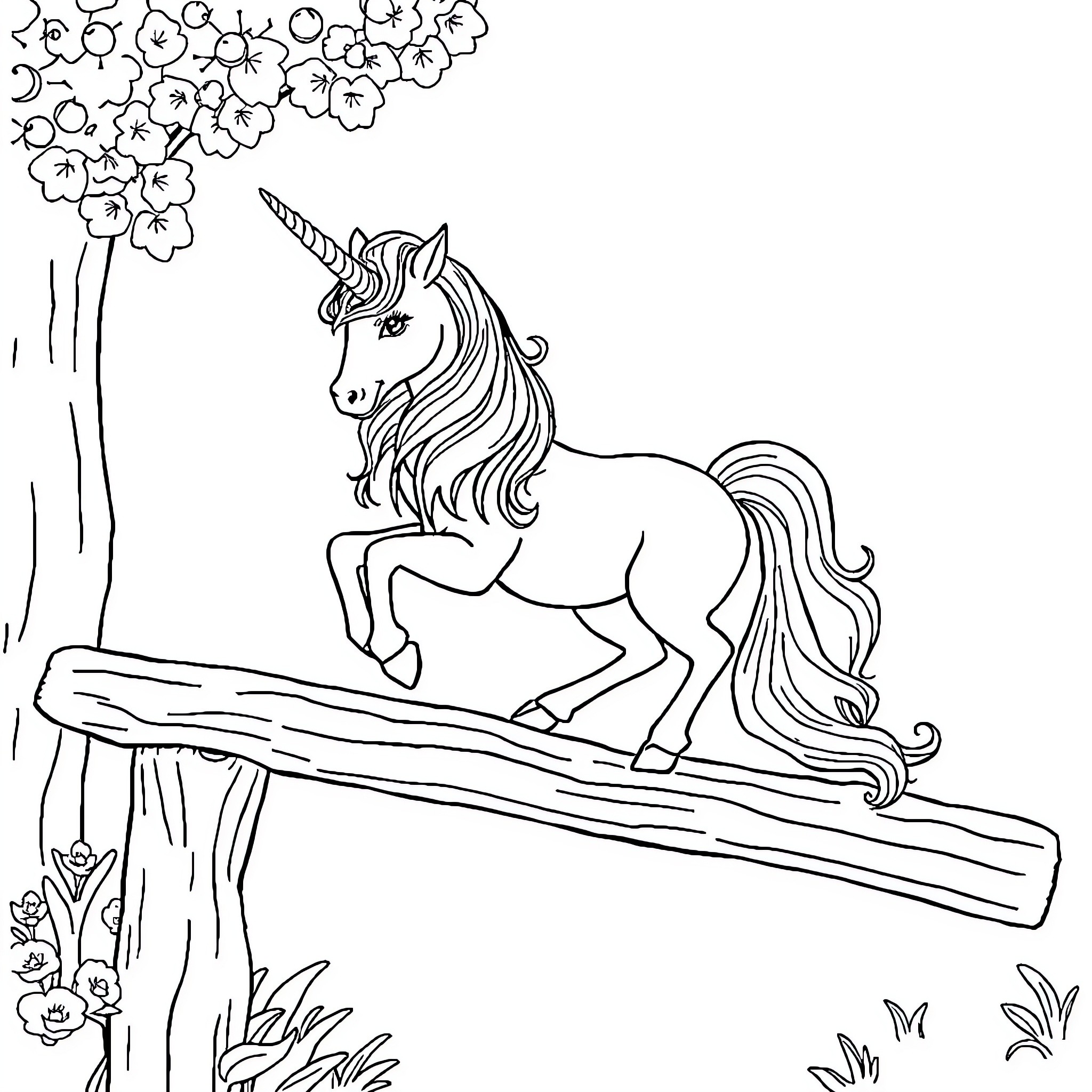 Unicorn galloping through enchanted forest Coloring Page (free black-and-white line drawing printable PDF for all, from beginners to advanced learners, including children, teens, adults, and seniors)