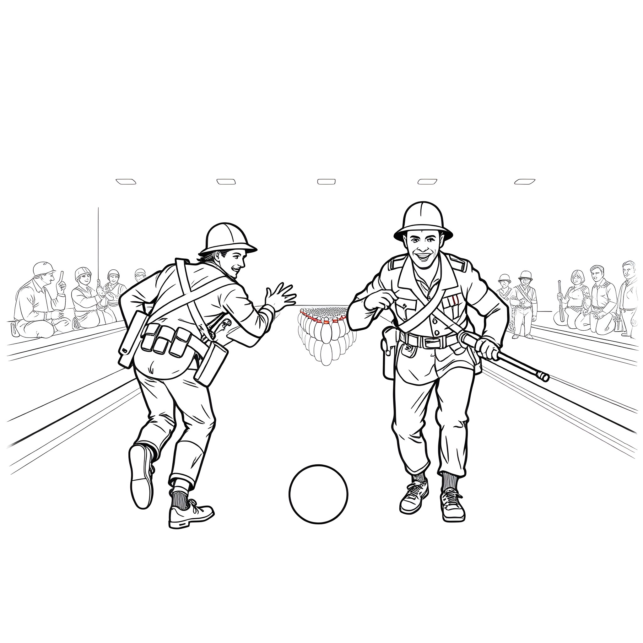 Soldier playing ball with fellow soldier Coloring Page (free black-and-white line drawing printable PDF for all, from beginners to advanced learners, including children, teens, adults, and seniors)