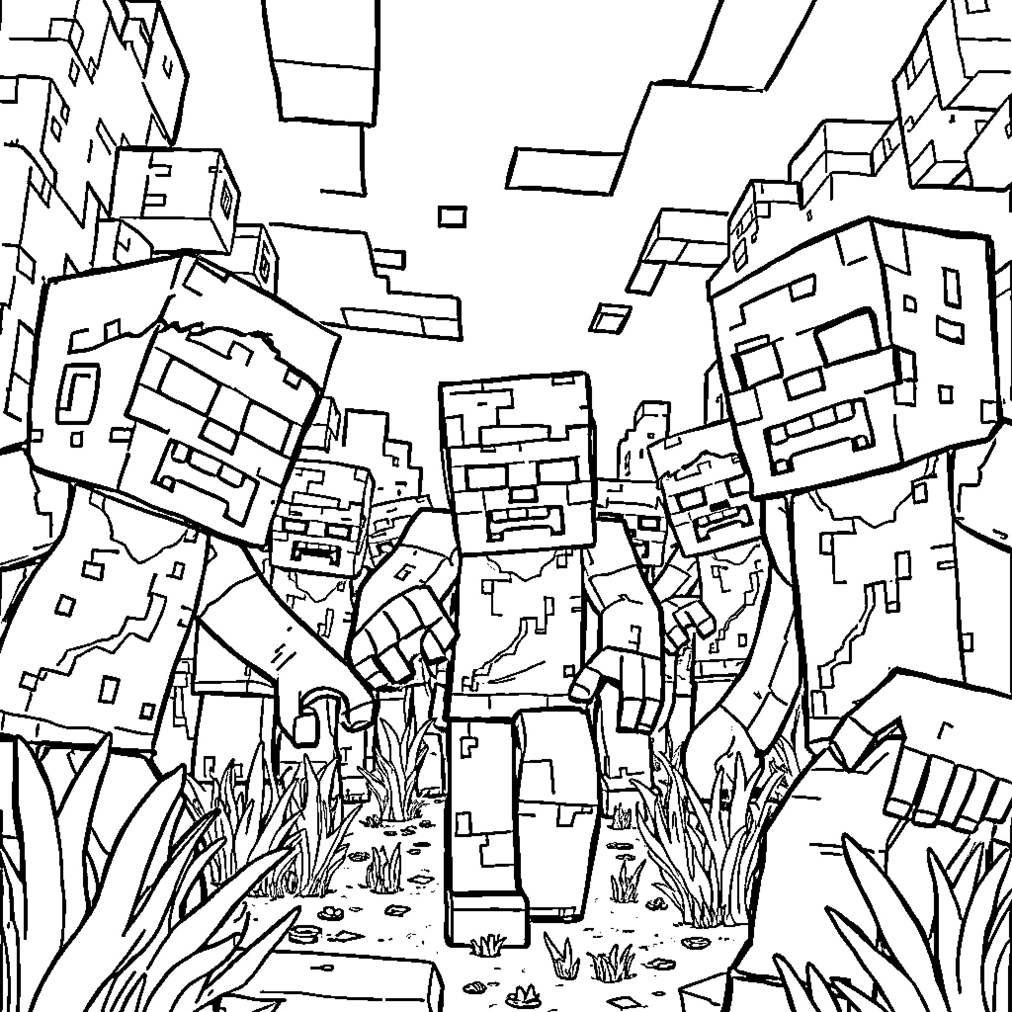 Zombie horde invading the urban landscape Coloring Page (free black-and-white line drawing printable PDF for all, from beginners to advanced learners, including children, teens, adults, and seniors)