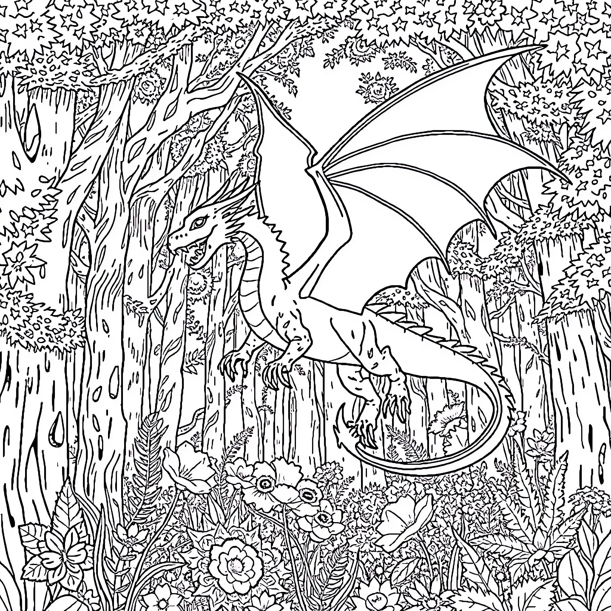 Dragon in a Whimsical Woodland Landscape Coloring Page (free black-and-white line drawing printable PDF for all, from beginners to advanced learners, including children, teens, adults, and seniors)