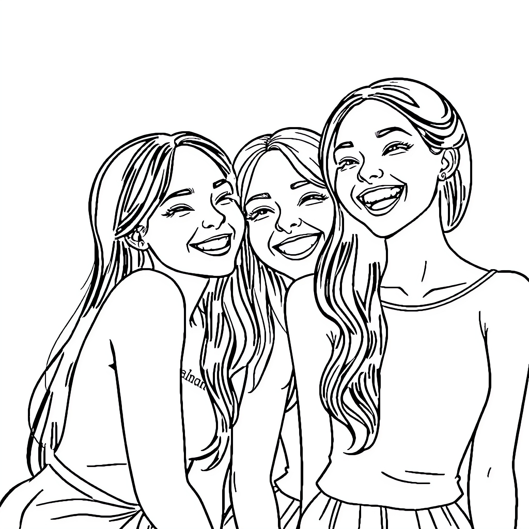 Girls Laughing Happily Together Coloring Page (free black-and-white line drawing printable PDF for all, from beginners to advanced learners, including children, teens, adults, and seniors)