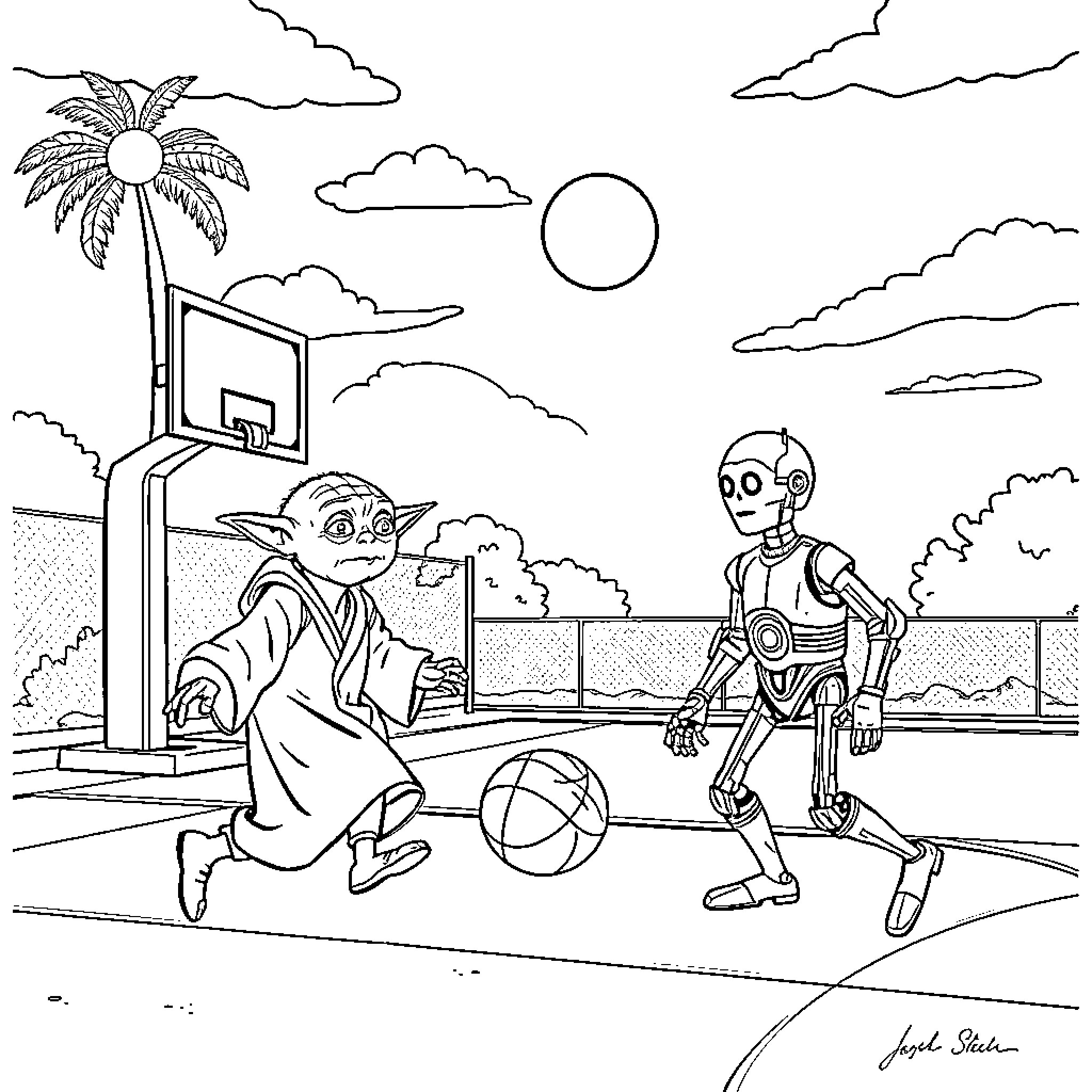Yoda and robot engage in friendly basketball game Coloring Page (free black-and-white line drawing printable PDF for all, from beginners to advanced learners, including children, teens, adults, and seniors)