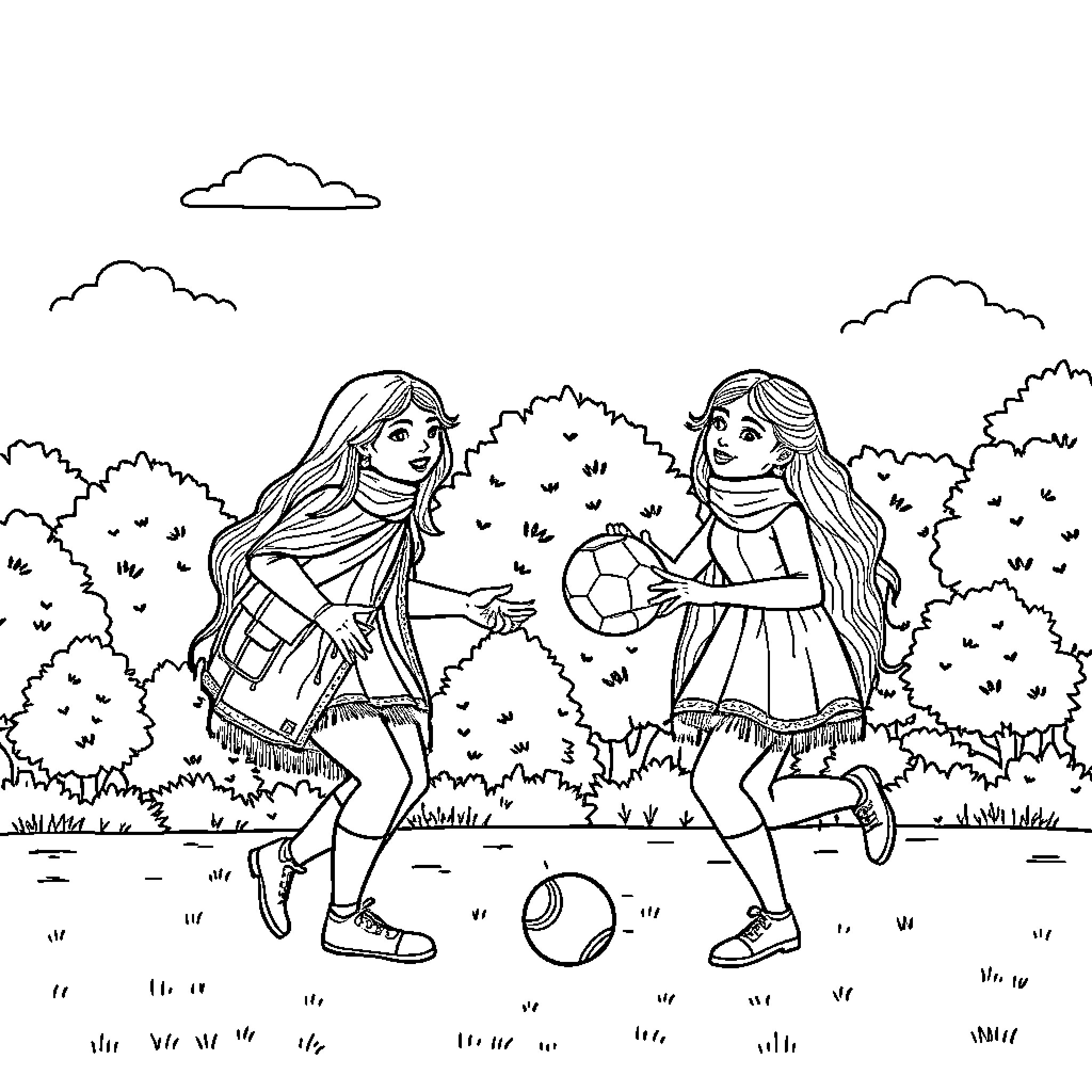 Hermana sisters play soccer in the park Coloring Page (free black-and-white line drawing printable PDF for all, from beginners to advanced learners, including children, teens, adults, and seniors)