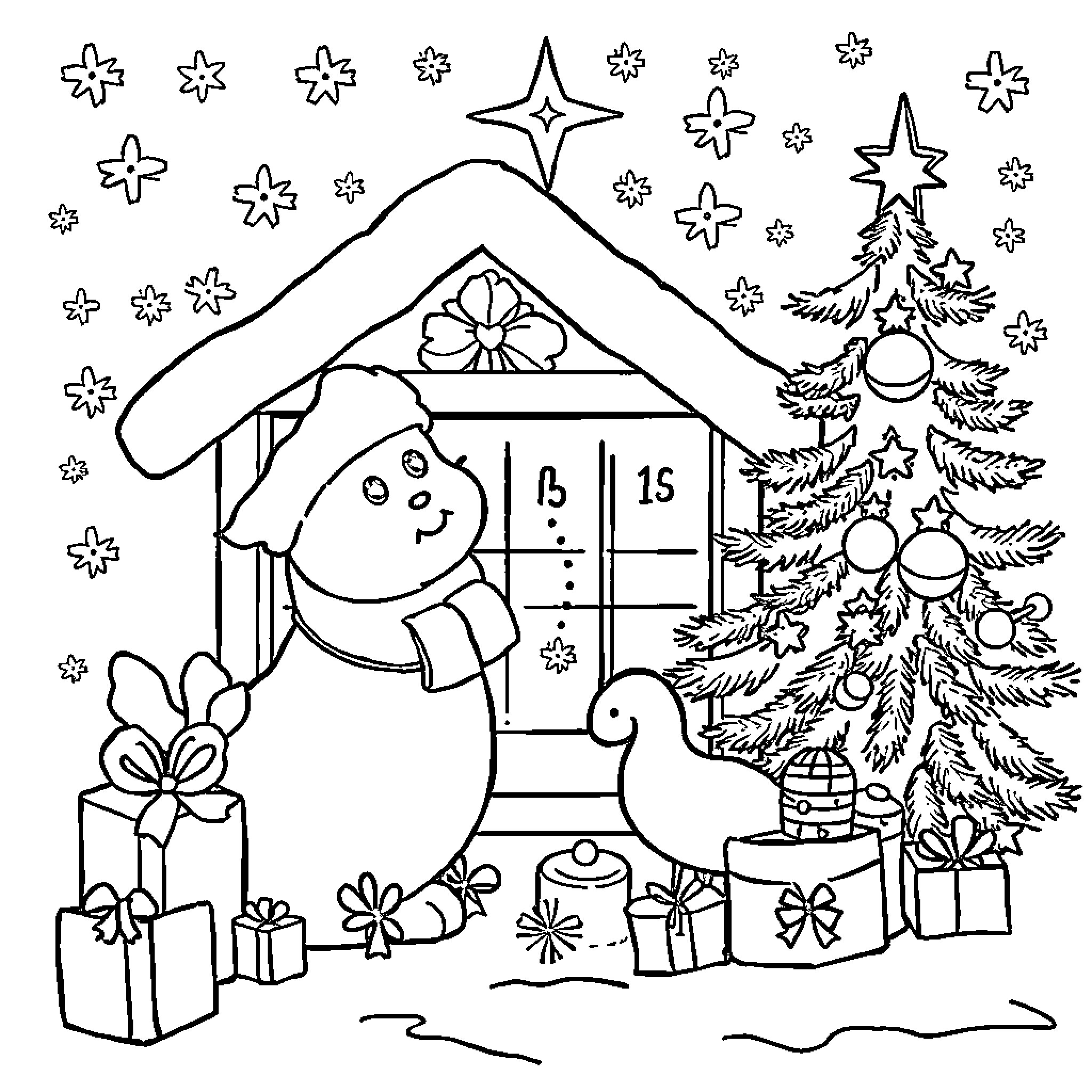 Christmas Scene with Snowman and Decorated Tree Coloring Page (free black-and-white line drawing printable PDF for all, from beginners to advanced learners, including children, teens, adults, and seniors)