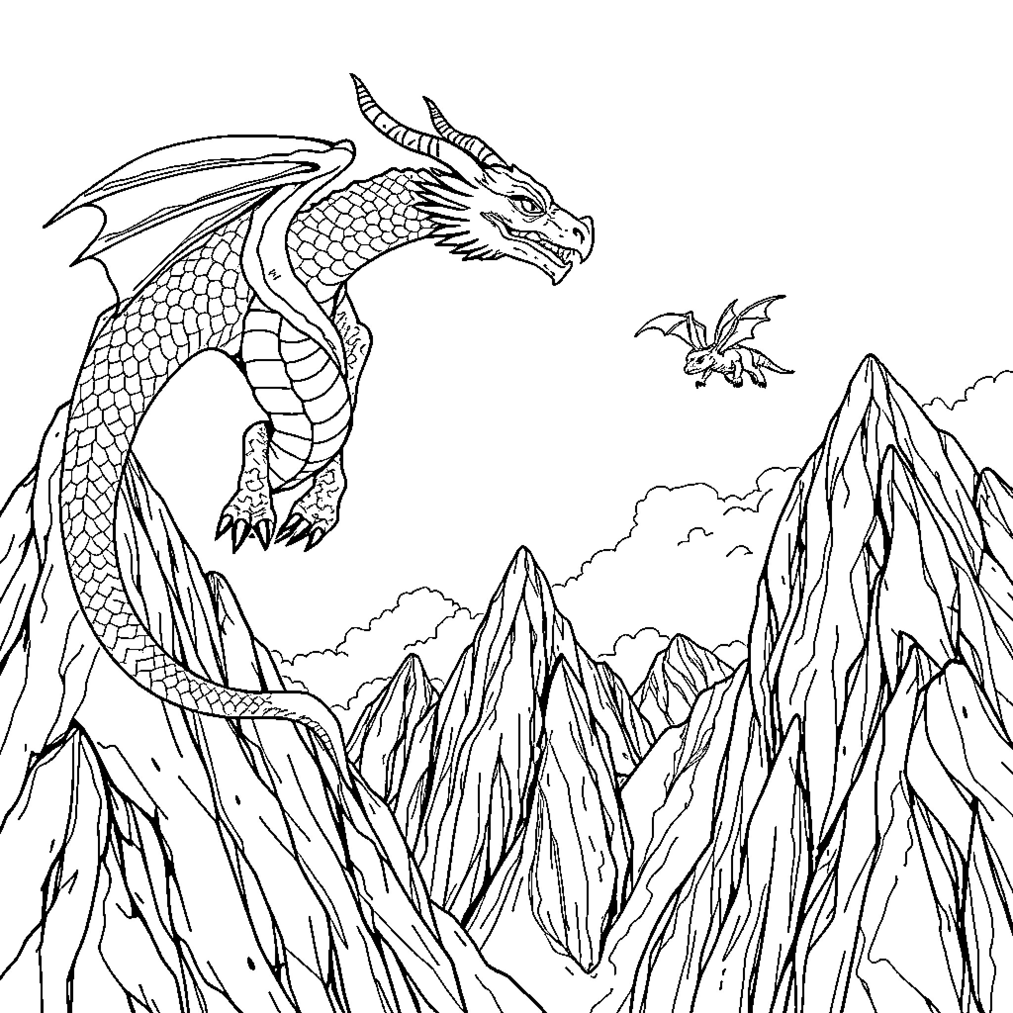 Dragon soaring over majestic mountain peaks Coloring Page (free black-and-white line drawing printable PDF for all, from beginners to advanced learners, including children, teens, adults, and seniors)
