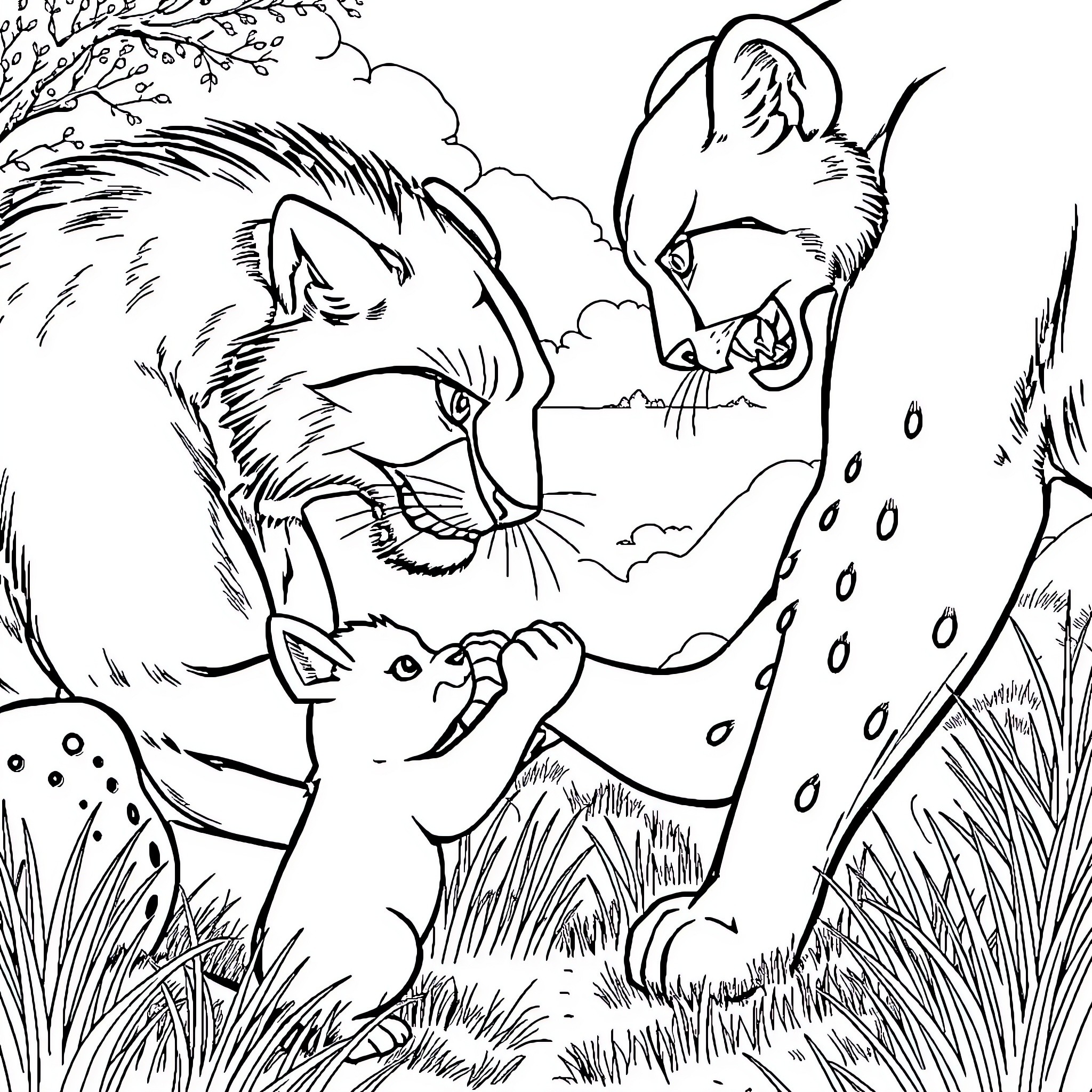 Dog playing with foxes in the forest Coloring Page (free black-and-white line drawing printable PDF for all, from beginners to advanced learners, including children, teens, adults, and seniors)