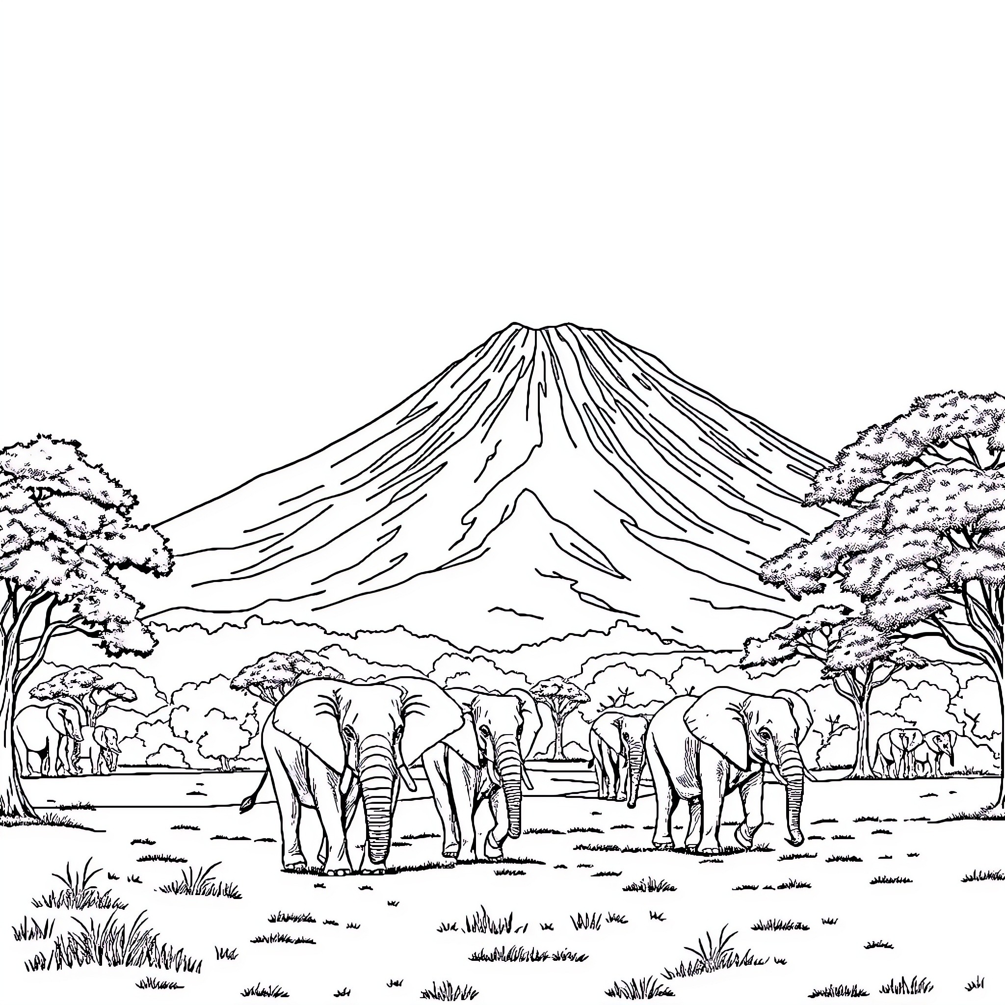 Elephant herd grazing peacefully in natural landscape Coloring Page (free black-and-white line drawing printable PDF for all, from beginners to advanced learners, including children, teens, adults, and seniors)