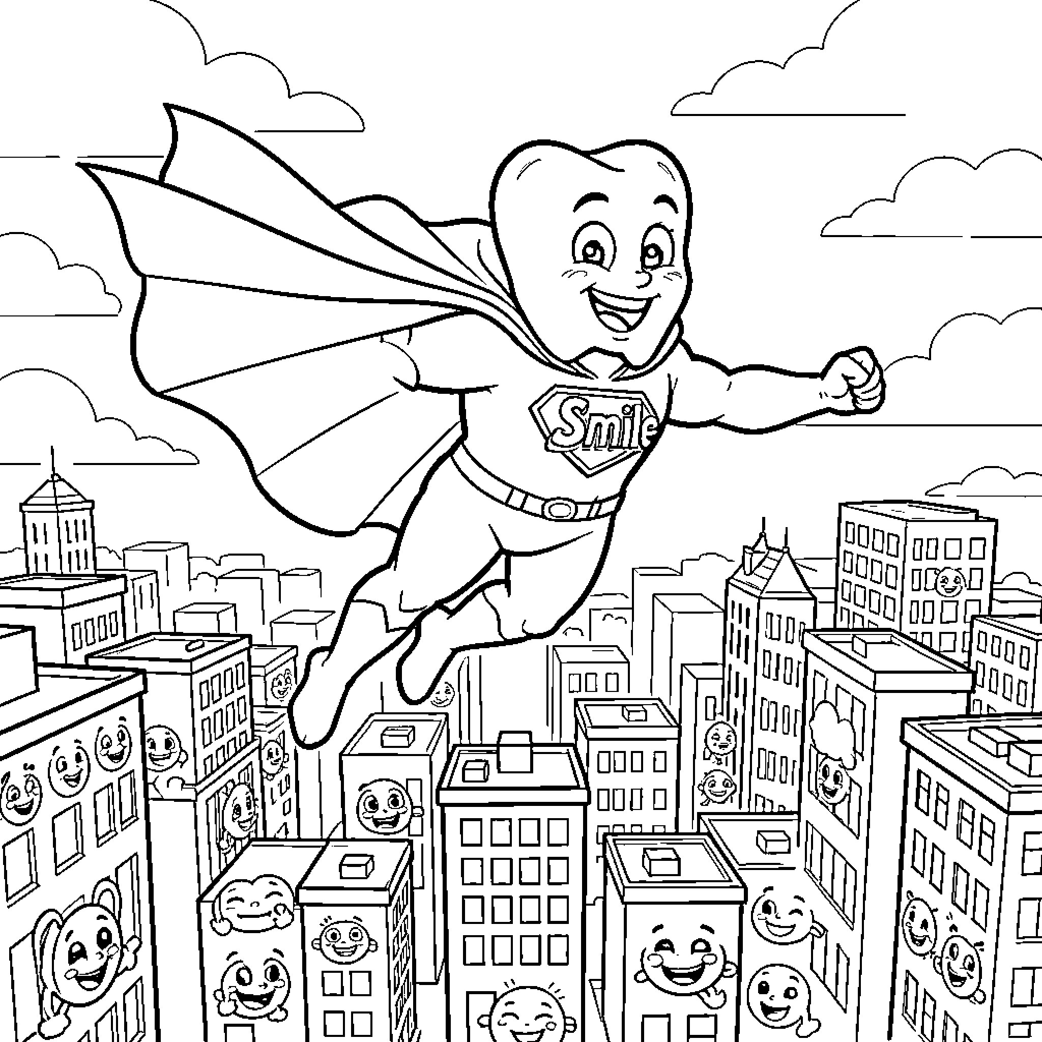 Tooth superhero flying heroically over a city skyline Coloring Page (free black-and-white line drawing printable PDF for all, from beginners to advanced learners, including children, teens, adults, and seniors)