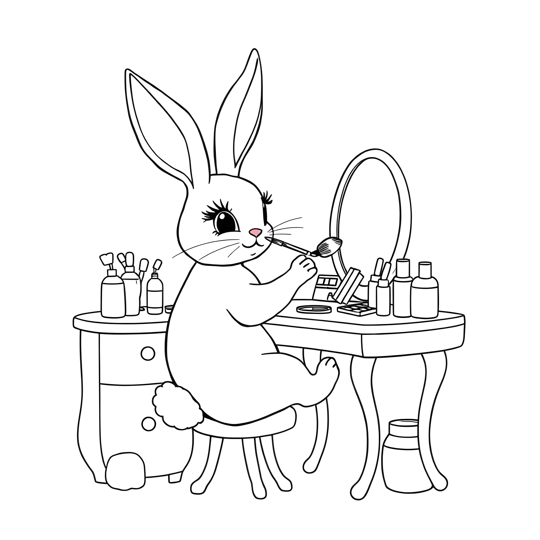 Rabbit applying makeup at a vanity Coloring Page (free black-and-white line drawing printable PDF for all, from beginners to advanced learners, including children, teens, adults, and seniors)