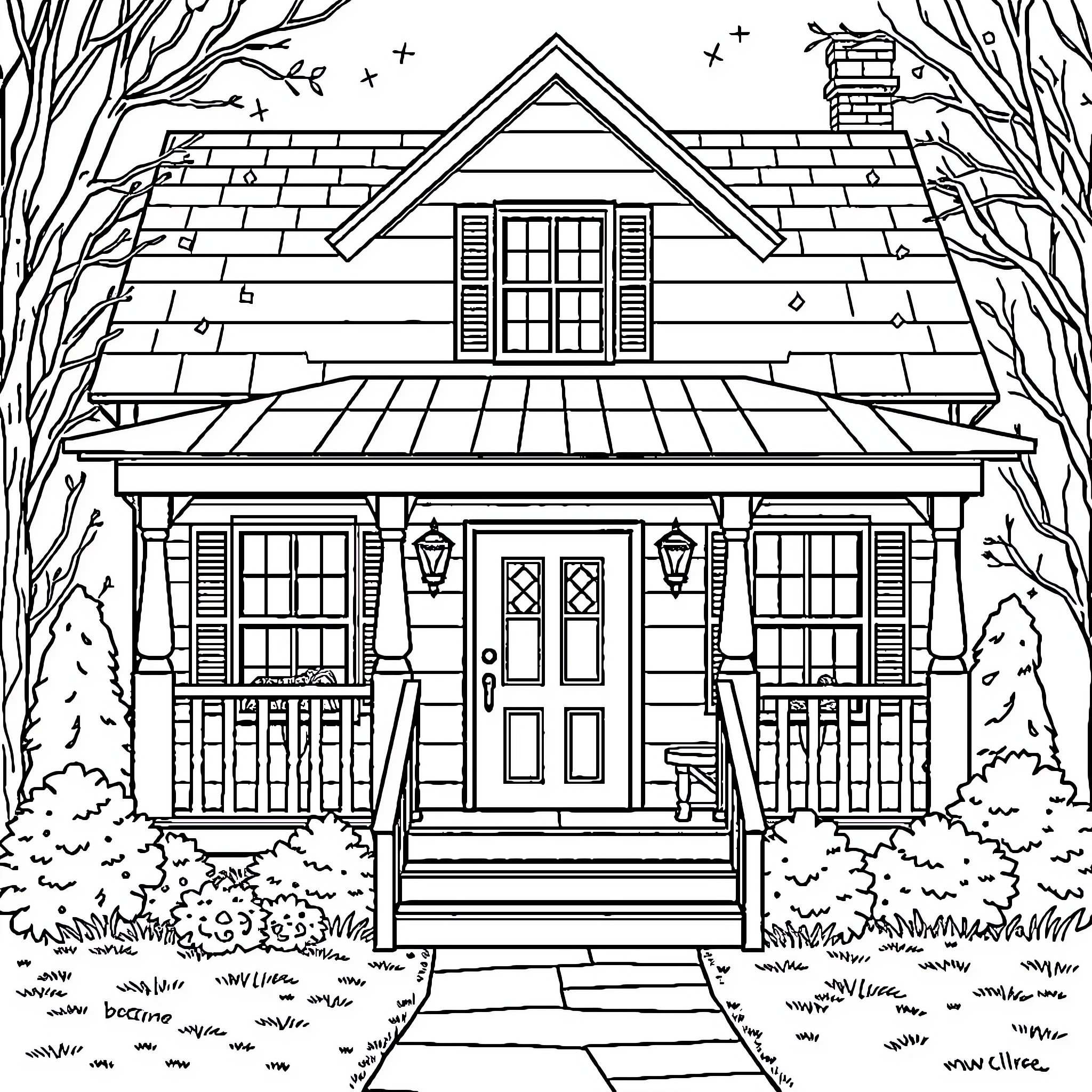 Home in a serene woodland setting Coloring Page (free black-and-white line drawing printable PDF for all, from beginners to advanced learners, including children, teens, adults, and seniors)