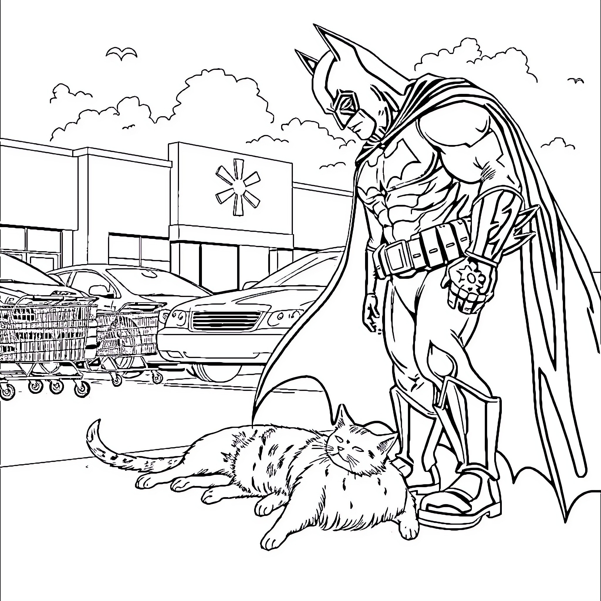 Batman standing heroically with a cat in the city Coloring Page (free black-and-white line drawing printable PDF for all, from beginners to advanced learners, including children, teens, adults, and seniors)