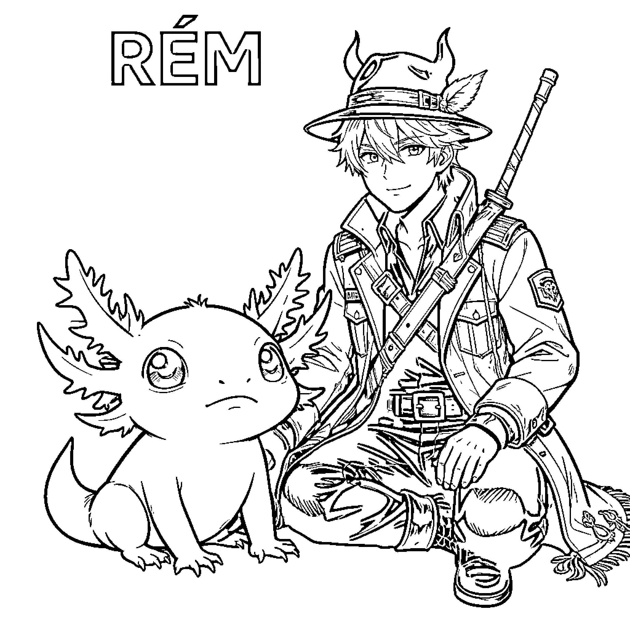 Axolotl adventures with a curious explorer Coloring Page (free black-and-white line drawing printable PDF for all, from beginners to advanced learners, including children, teens, adults, and seniors)