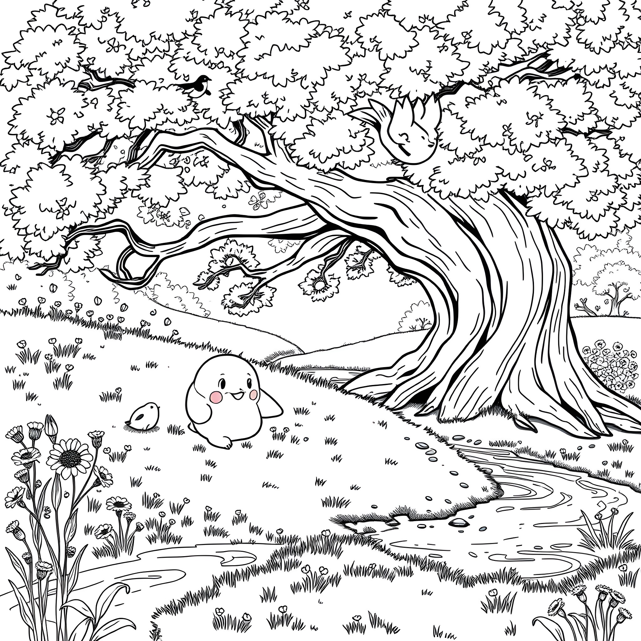 Snorlax relaxing in the tranquil forest Coloring Page (free black-and-white line drawing printable PDF for all, from beginners to advanced learners, including children, teens, adults, and seniors)